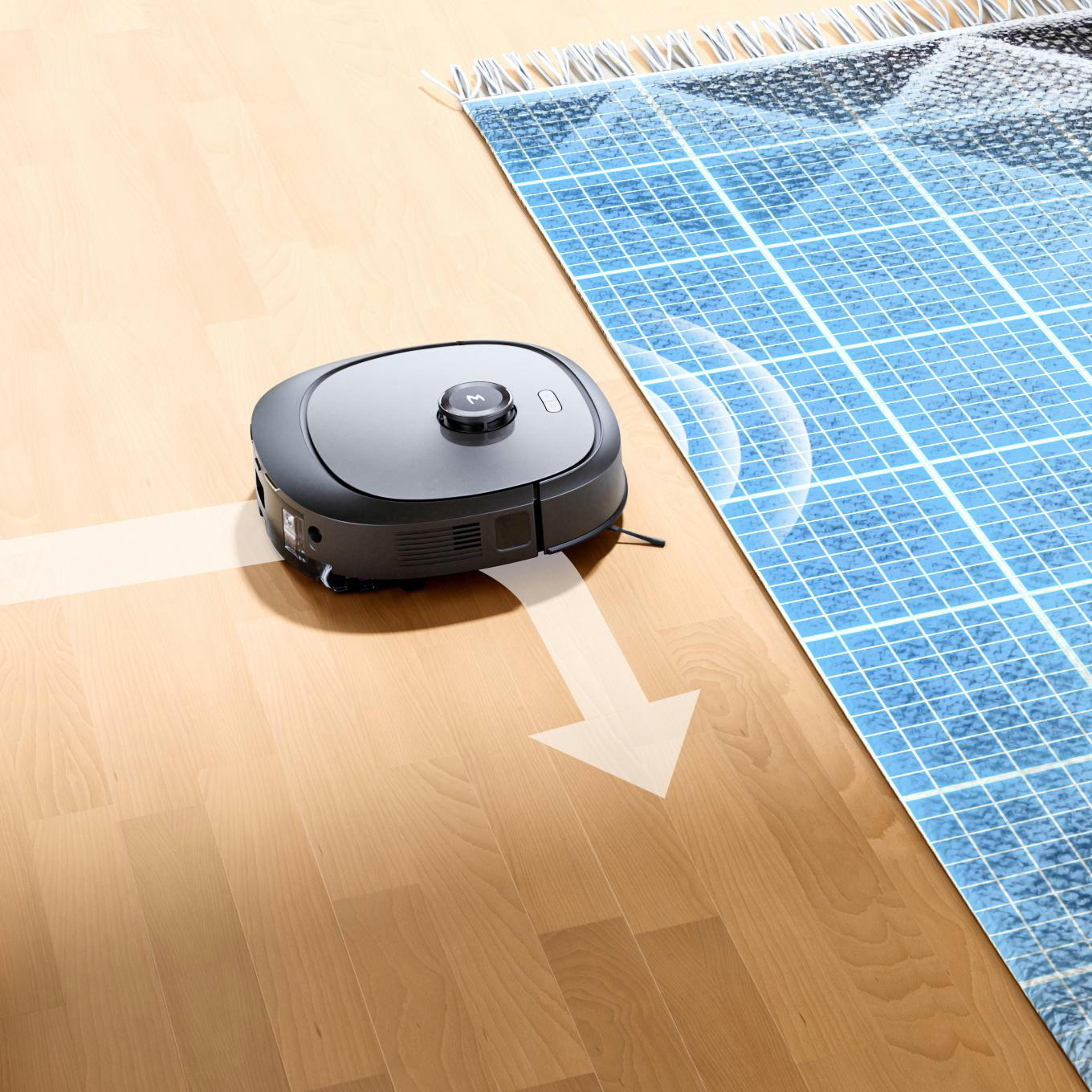 Ein Roboter-Staubsauger bewegt sich über Holzboden. Ein blauer Teppich rechts.