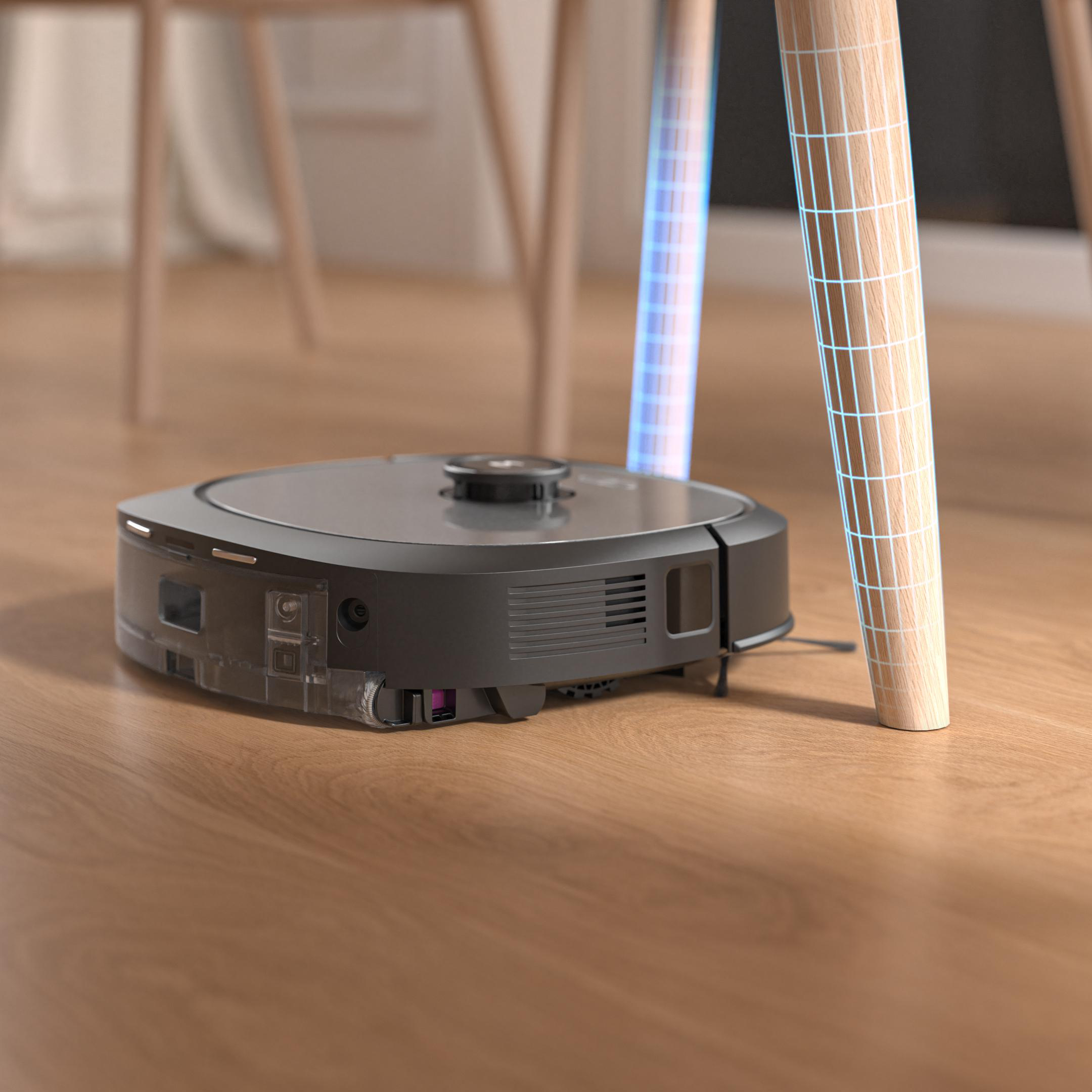 Roboter-Staubsauger auf Holzboden in der Nähe von Tischbeinen, mit blauen Lichtlinien.
