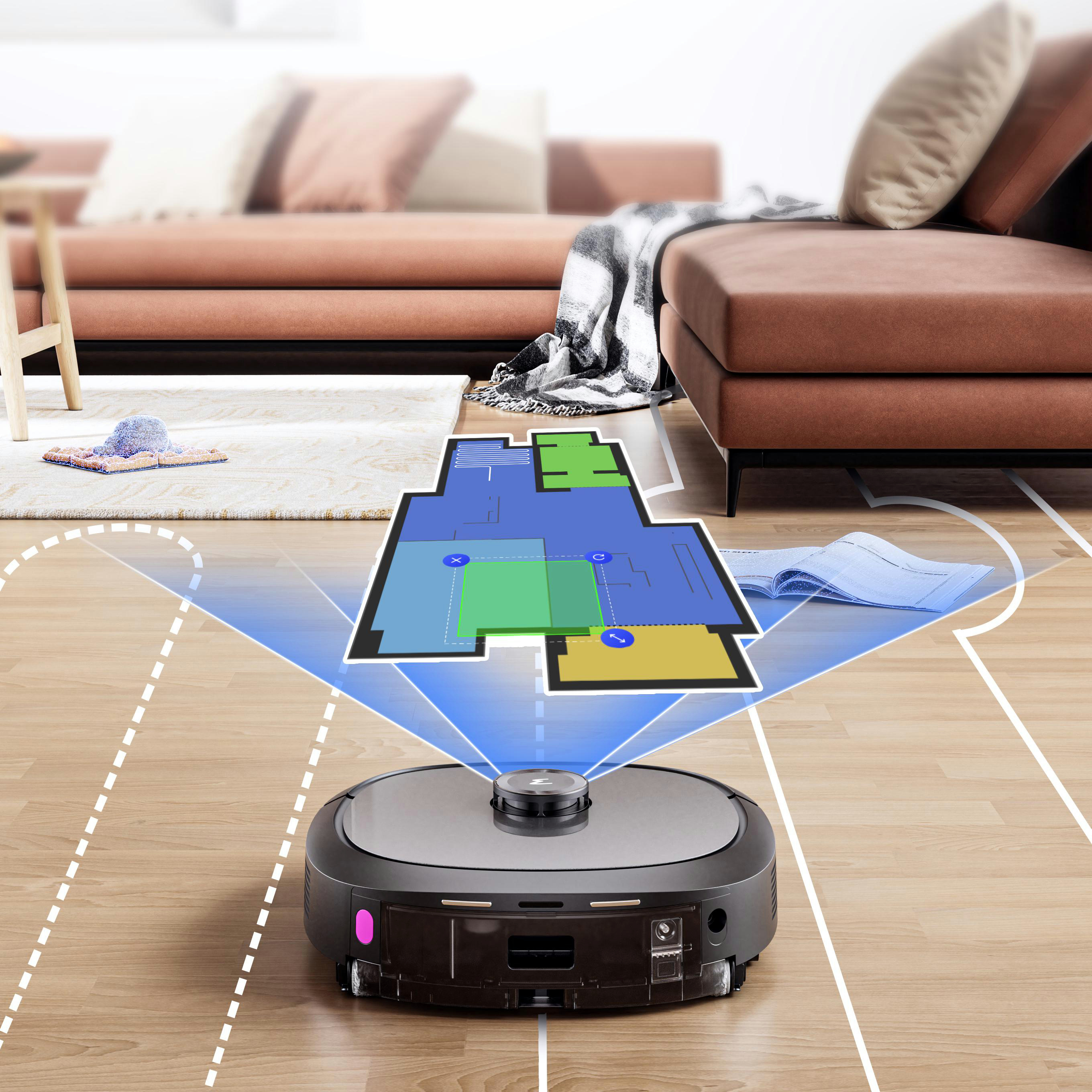 Roboter-Staubsauger, der einen Raum mit sichtbaren Möbeln kartiert.