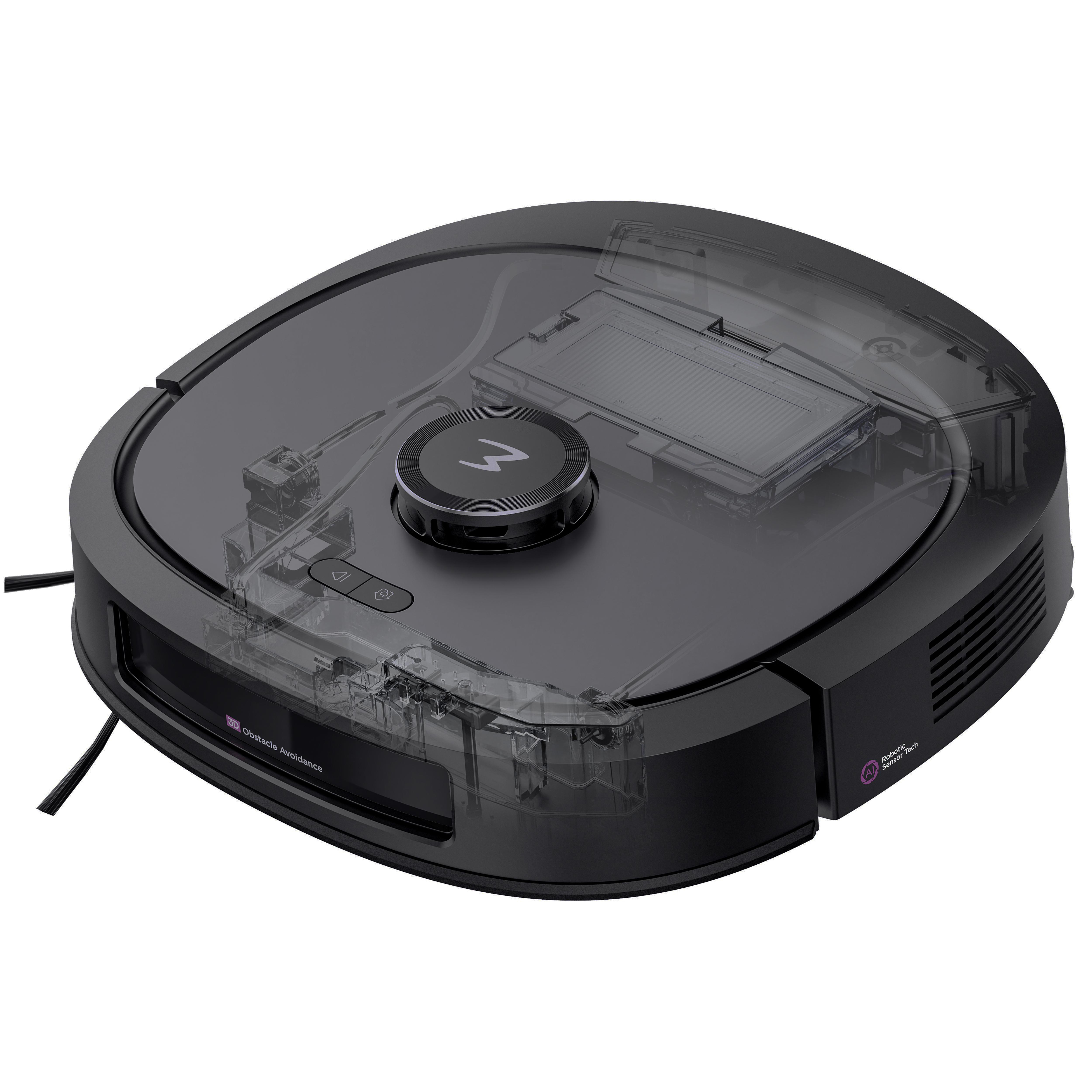 Ein schwarzer Roboter-Staubsauger mit transparentem Deckel, zeigt Innenteile.