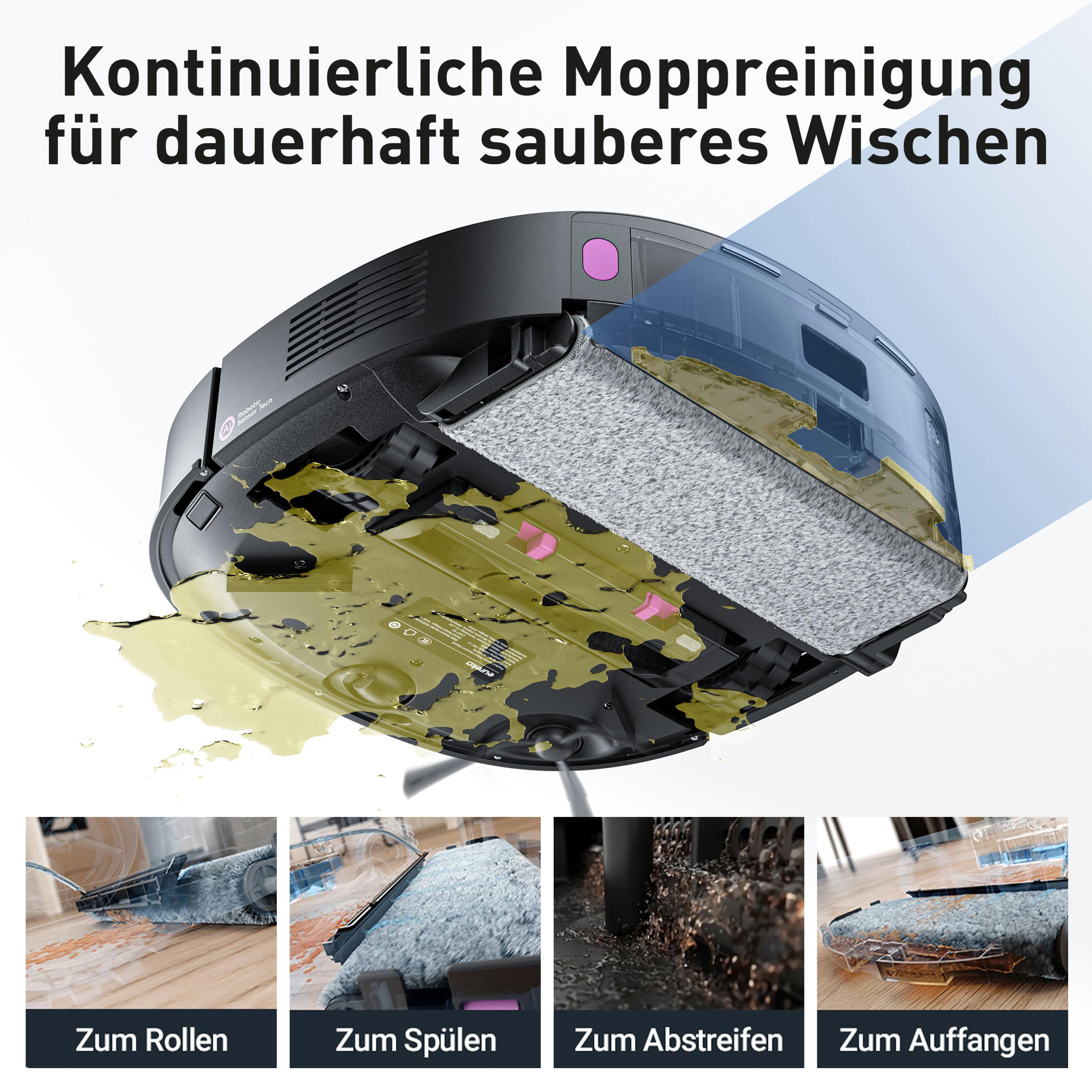 Ein Roboter-Staubsauger mit verschiedenen Reinigungsphasen: Rollen, Spülen, Abstreifen und Sammeln.