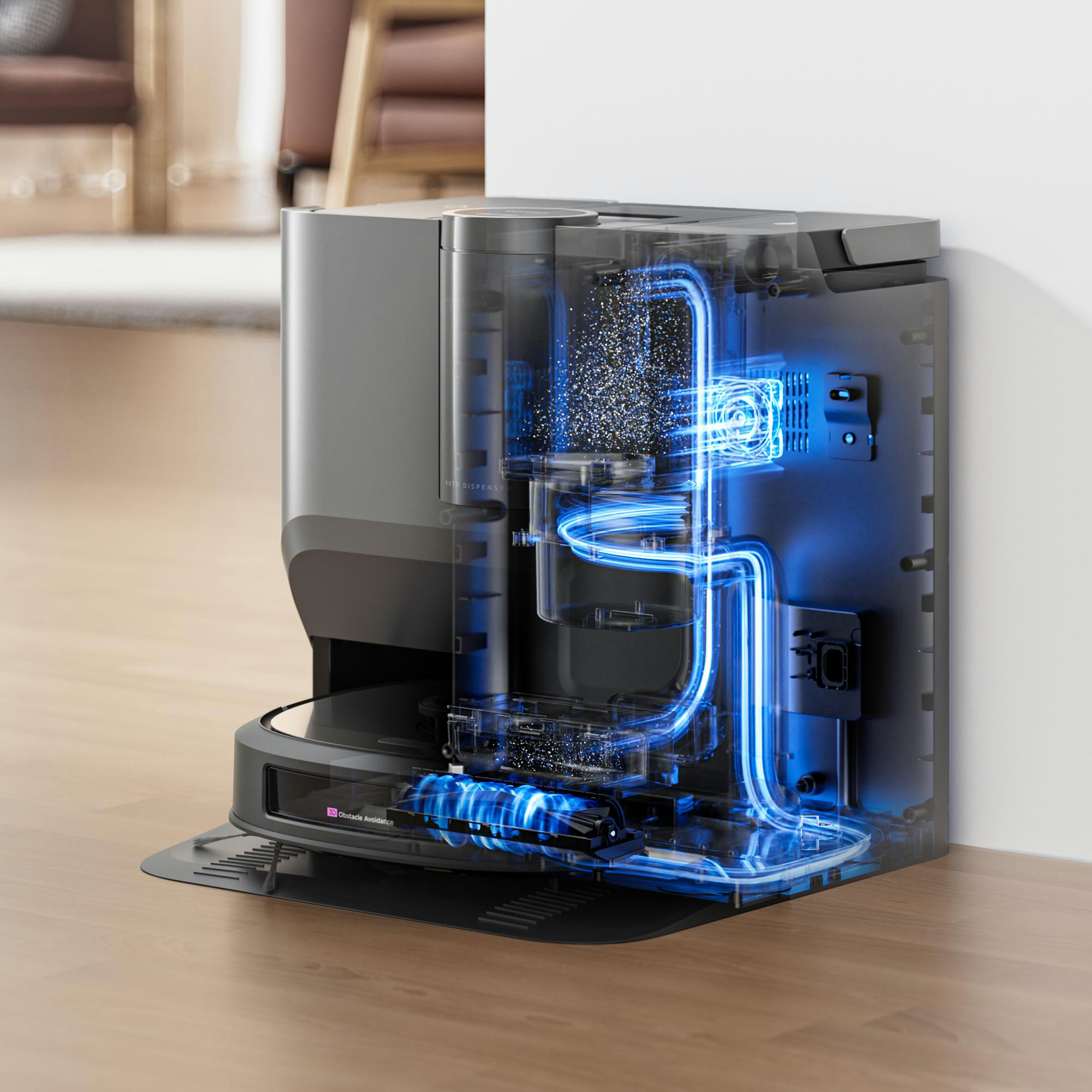 Schnittansicht eines Roboter-Staubsaugers mit blauen Lichtern.