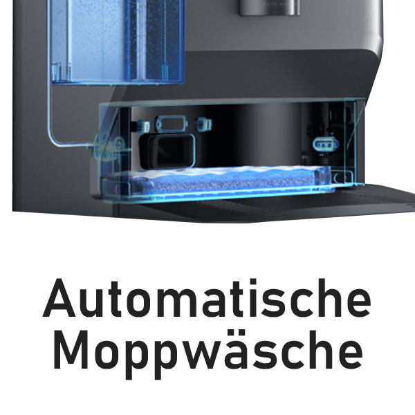 Ein Roboter-Staubsauger mit Wassertank. Es zeigt die automatische Mopp-Waschfunktion.