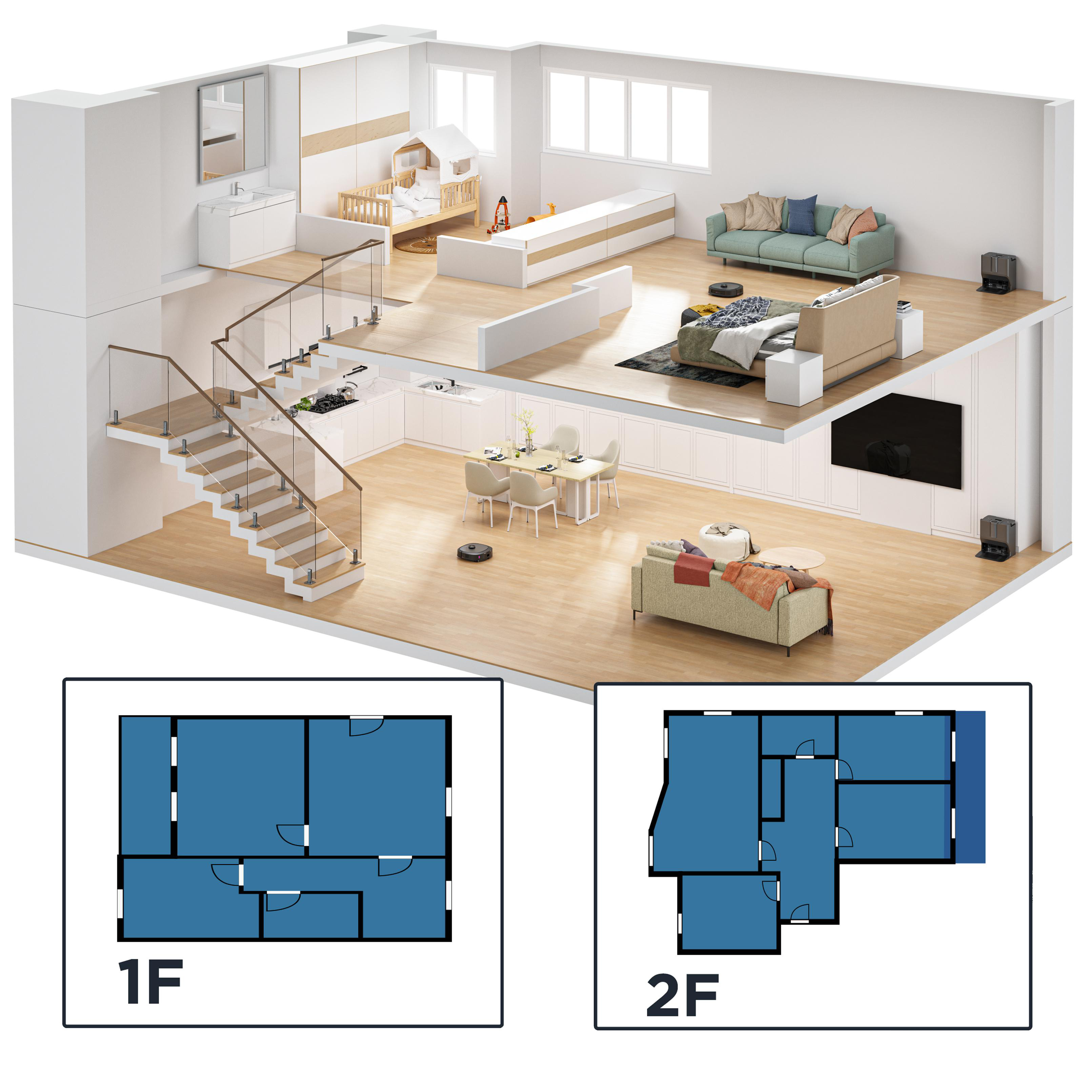 Ein zweigeschossiger Hausplan mit Wohnräumen und Grundrissen, die unten mit 1F und 2F beschriftet sind.