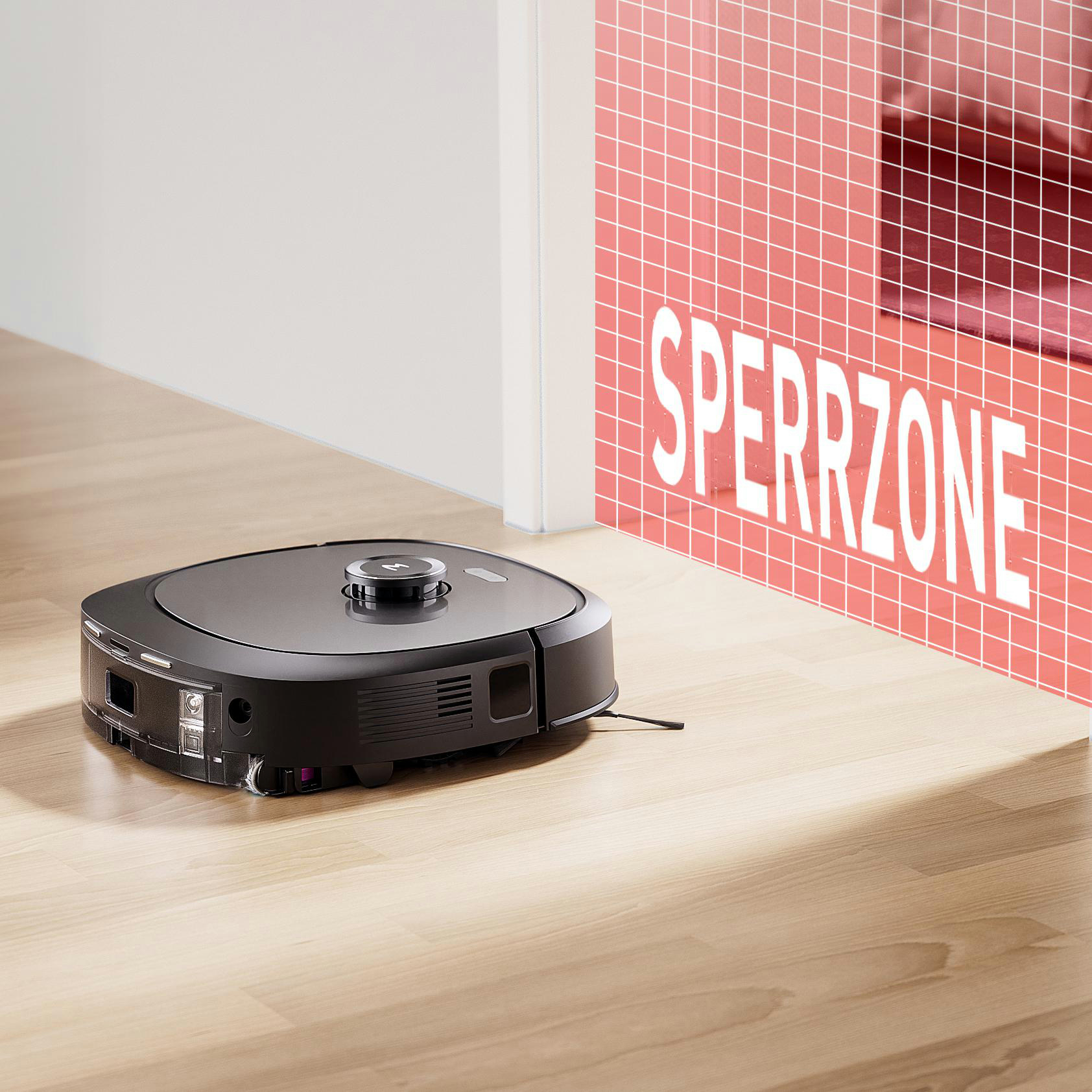 Roboter-Staubsauger, Holzboden. Rotes und weißes Schild mit 'SPERRZONE'. Weißer Hintergrund.