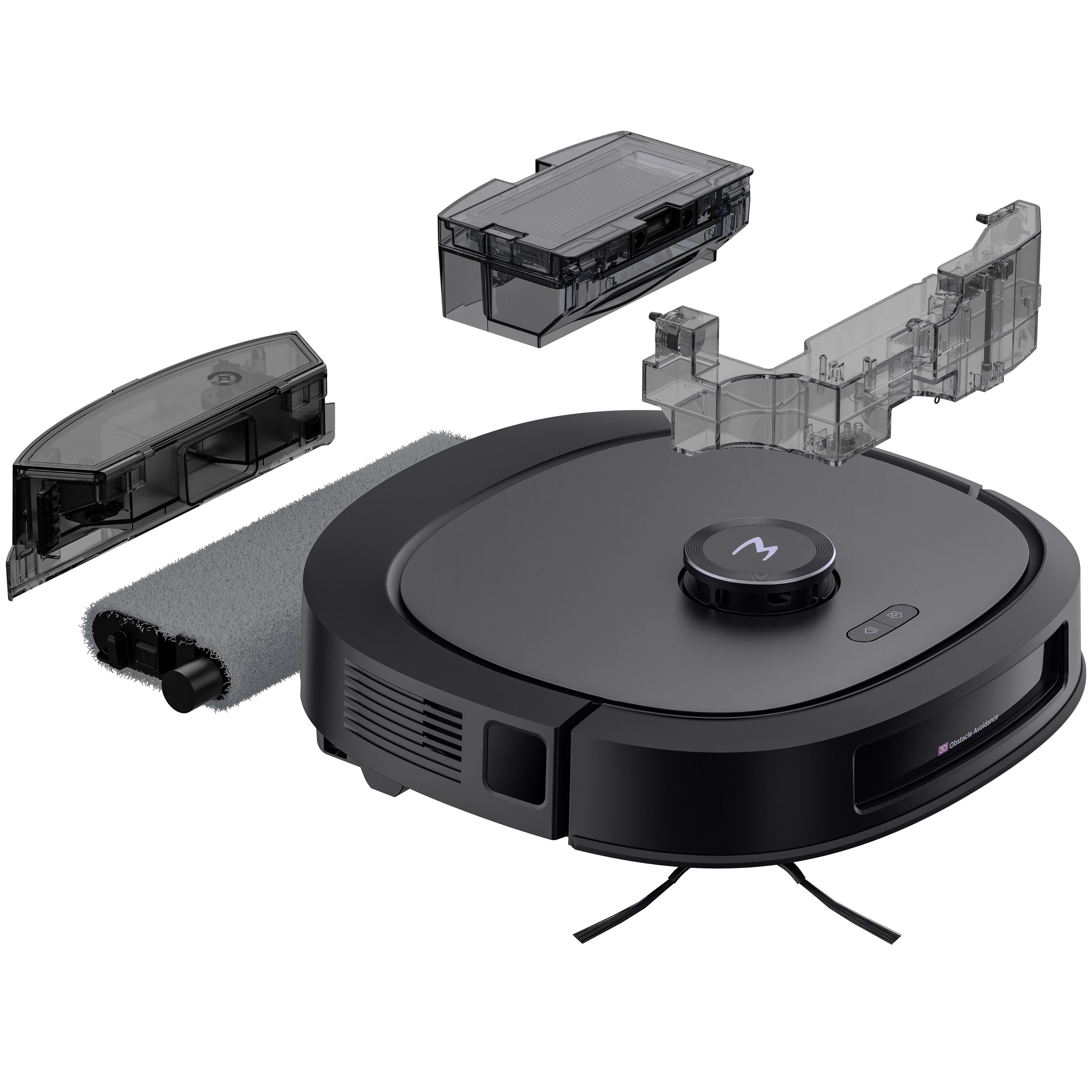 Schwarzer Roboter-Staubsauger, zerlegt, mit Komponenten wie Staubbehälter und Bürste.