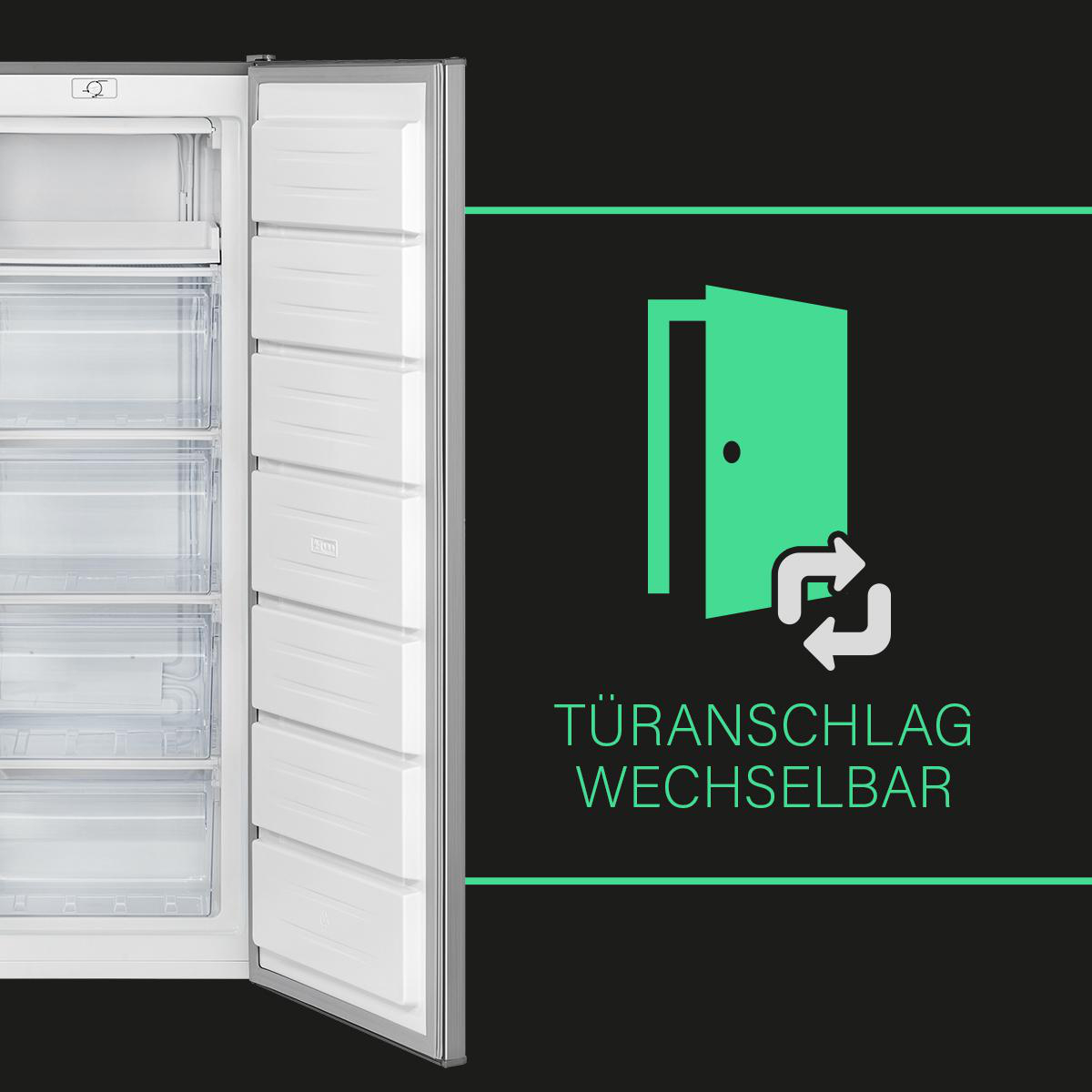 Ein Kühlschrank mit geöffneter Tür und eine Grafik, die die wechselbaren Türscharniere anzeigt.