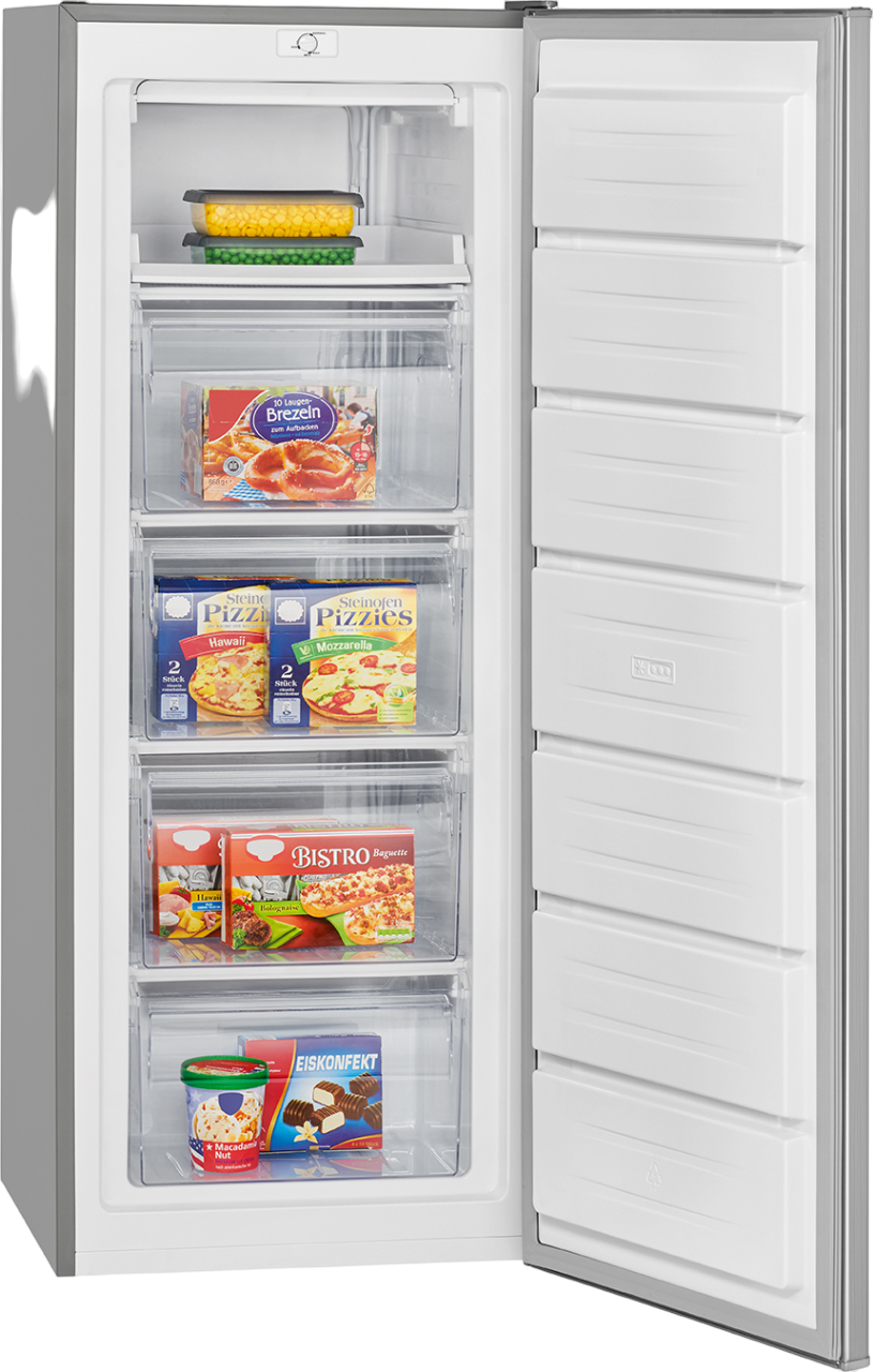 Kühlschrank mit Tiefkühlkost. Behälter mit Pizza, Eis und anderen Artikeln.