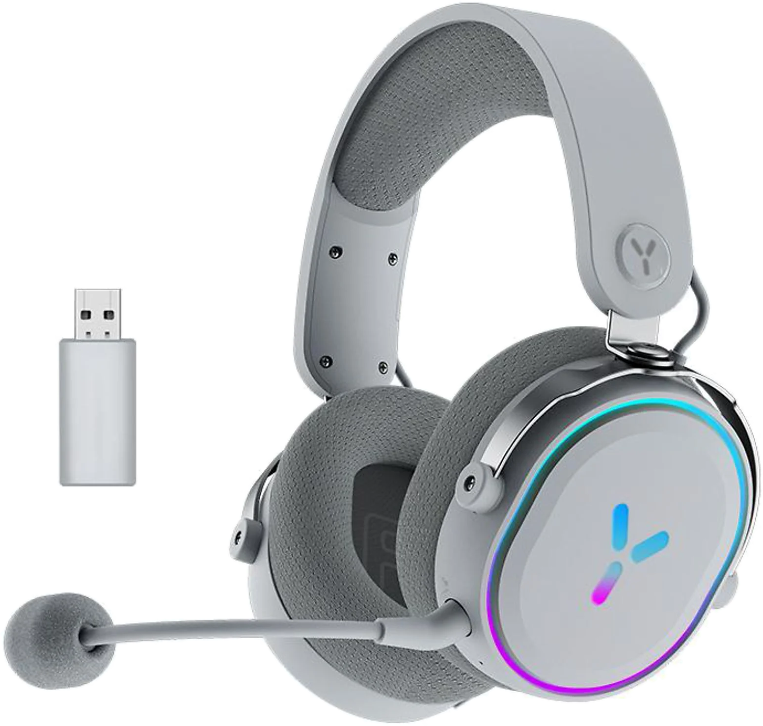 Szürke vezeték nélküli gamer headset USB vevővel.