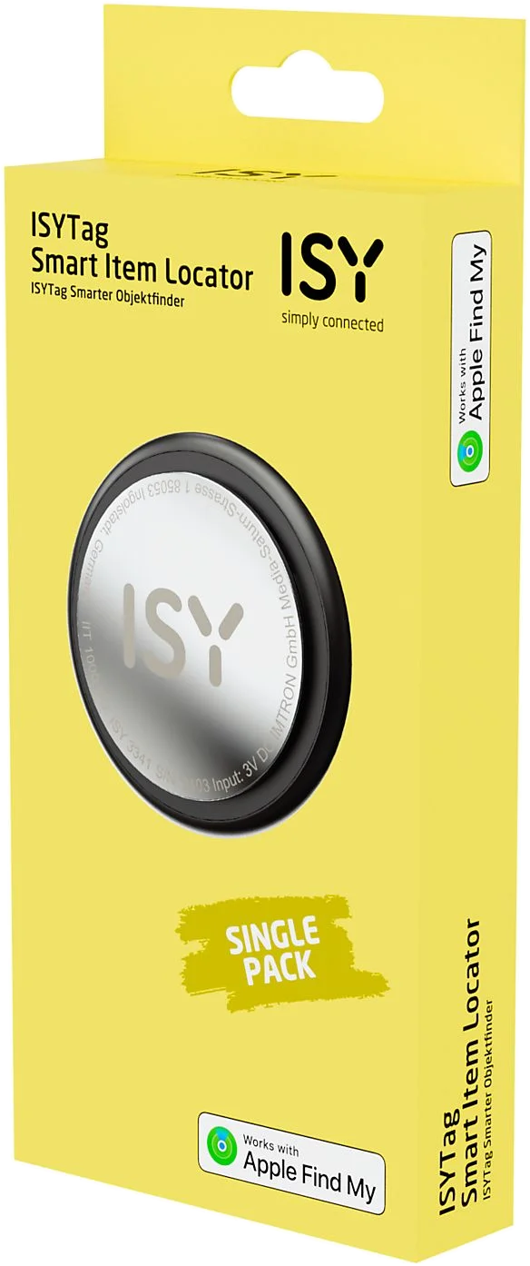 Sárga doboz ISY Smart Item Locator-rel. Egy ezüst színű tárgykereső látható, Apple Find My logóval.