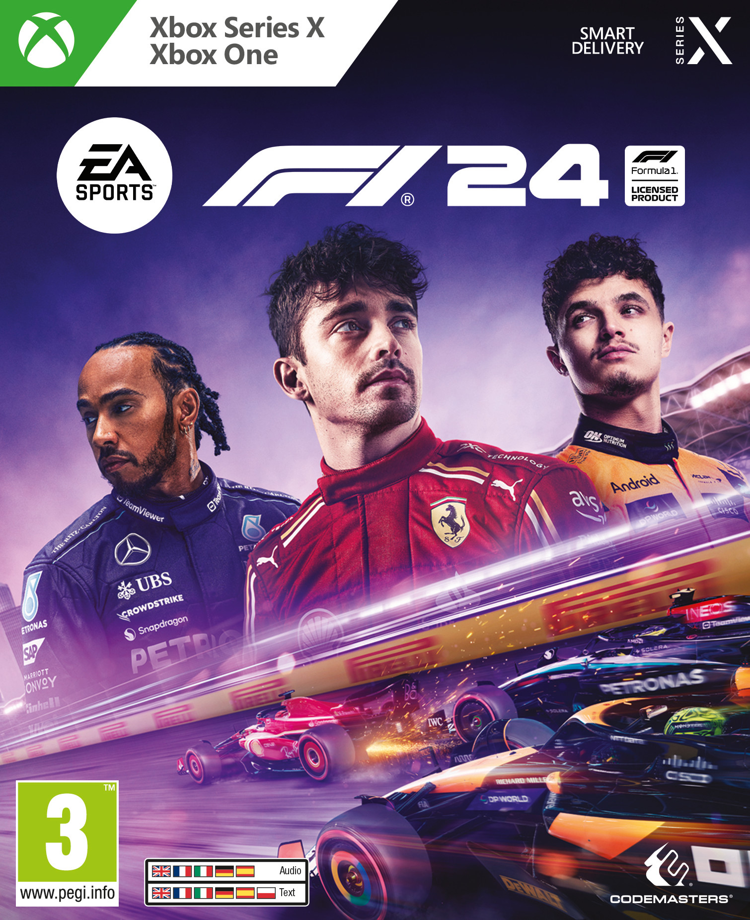 Pudełko z grą z kierowcami wyścigowymi, logo EA Sports i licencją Formuły 1.