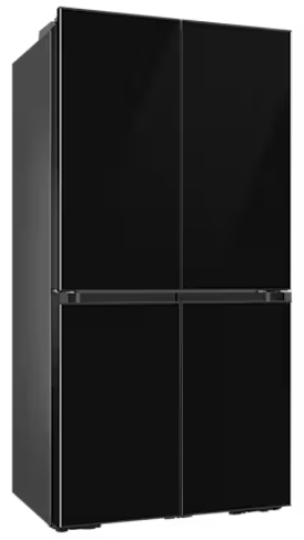 Czarna, czterodrzwiowa lodówka o nowoczesnym, eleganckim wyglądzie.