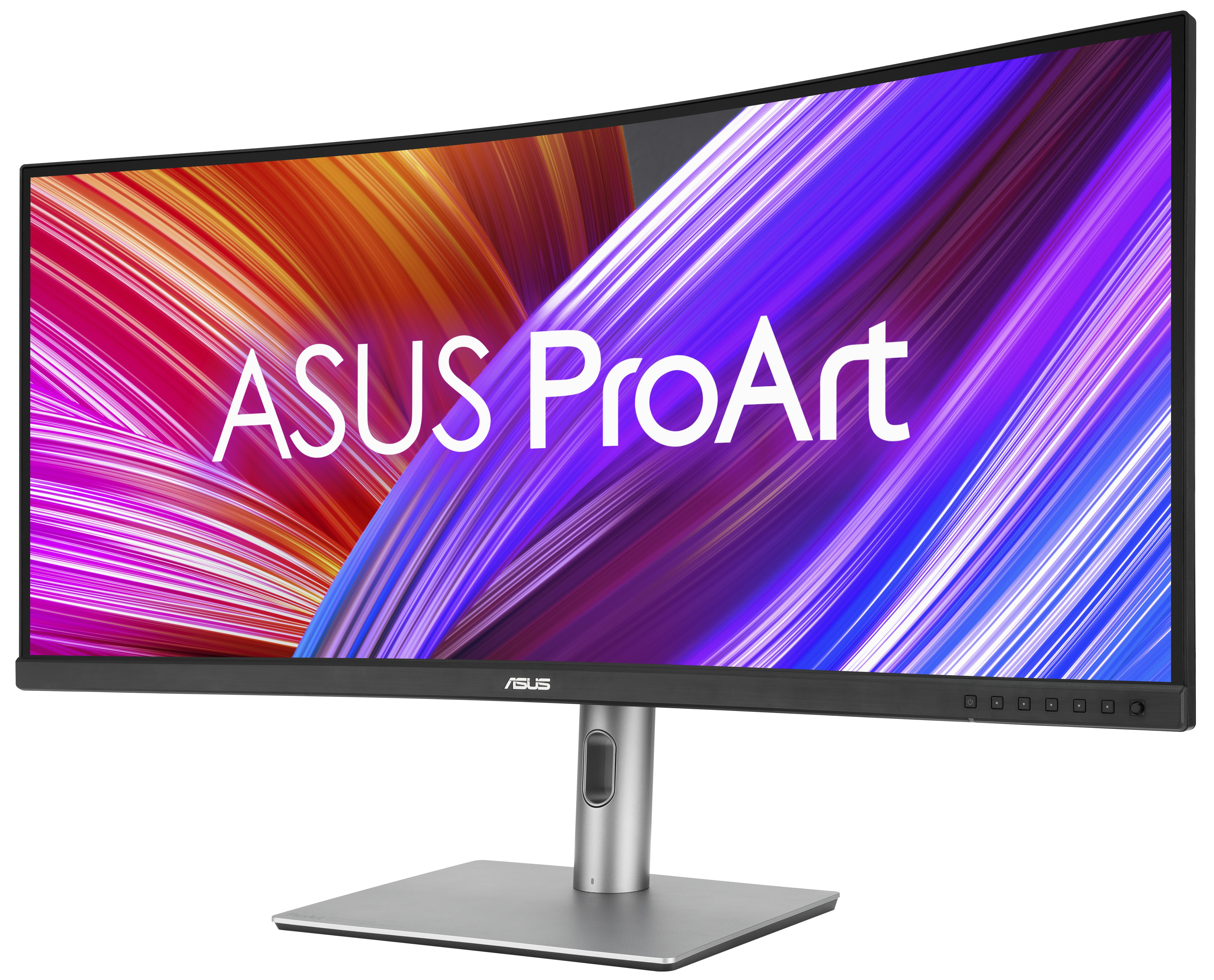 Zakrzywiony monitor ASUS ProArt. Ma srebrną podstawę i kolorowy wyświetlacz.