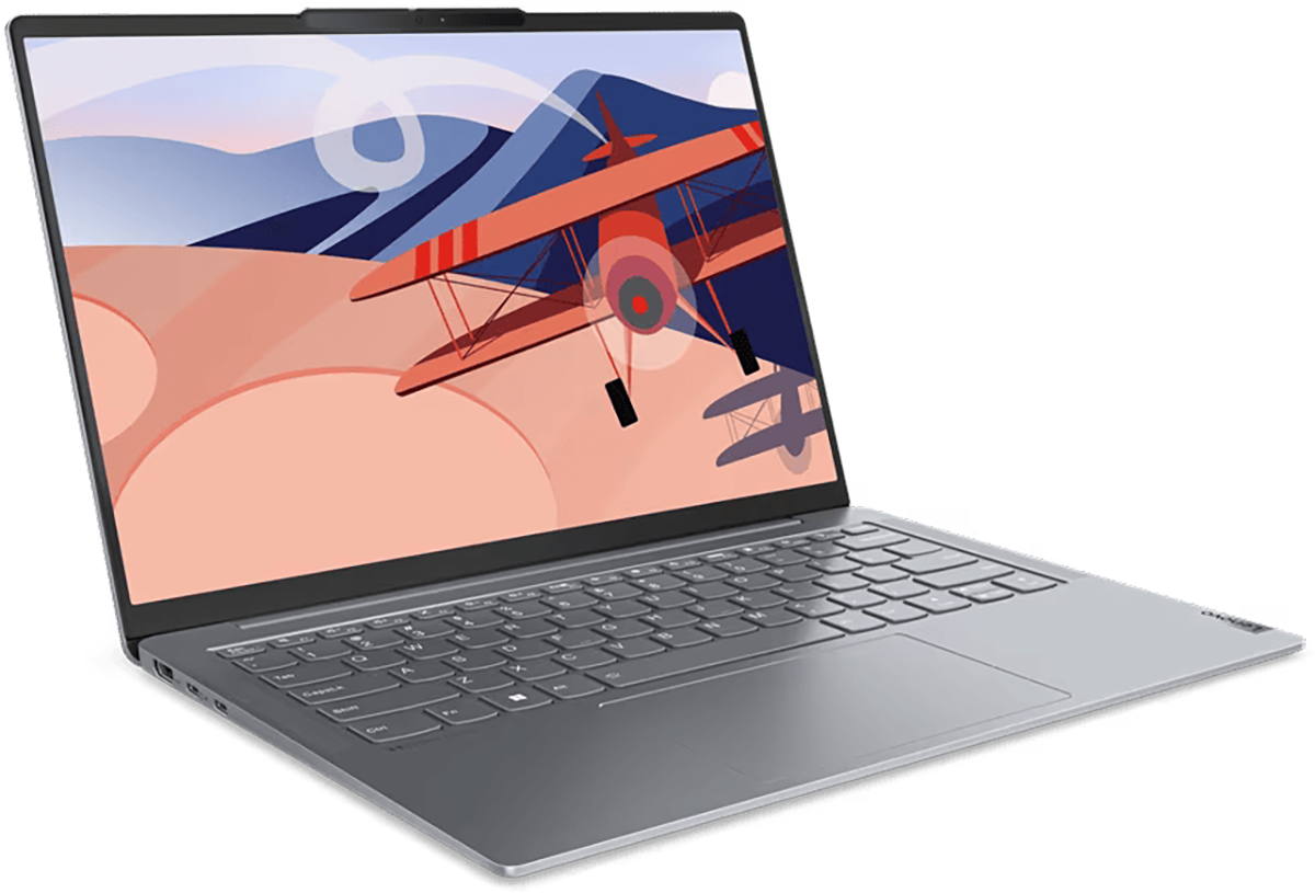 Laptop, amely egy színes illusztrációt jelenít meg egy tájon átrepülő kétfedelű repülőgépről, fehér háttér előtt.