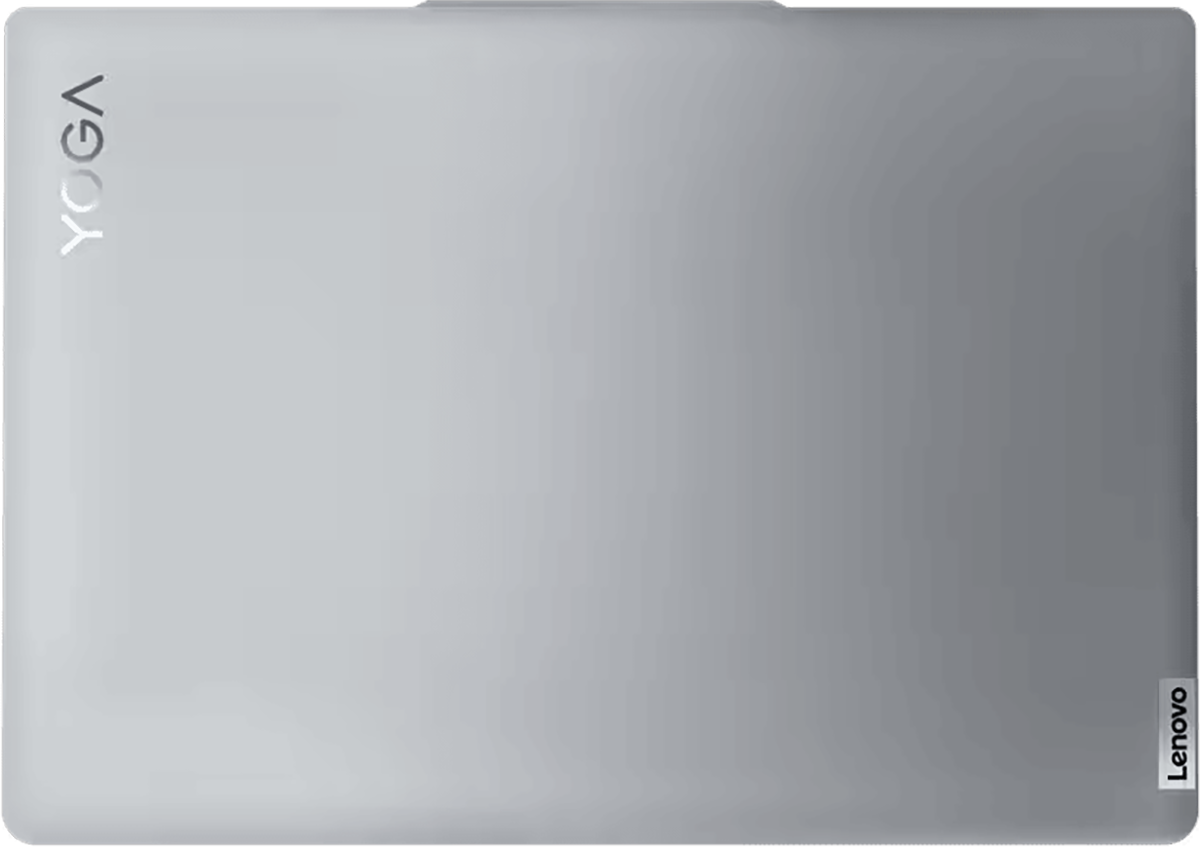 Felülnézet egy ezüst Lenovo Yoga laptopról, a YOGA logóval.
