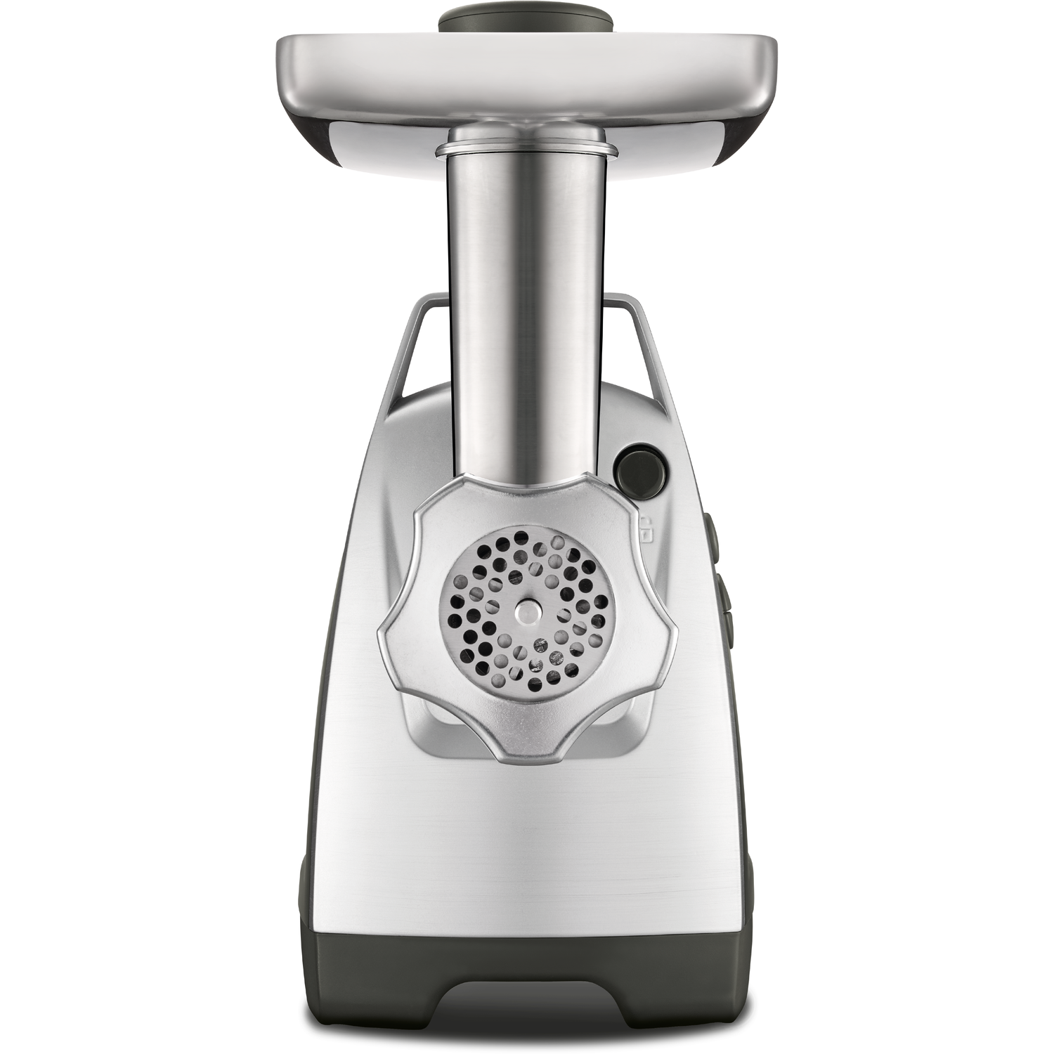 Silver and black meat grinder, front view, with the grinding plate and handle visible.