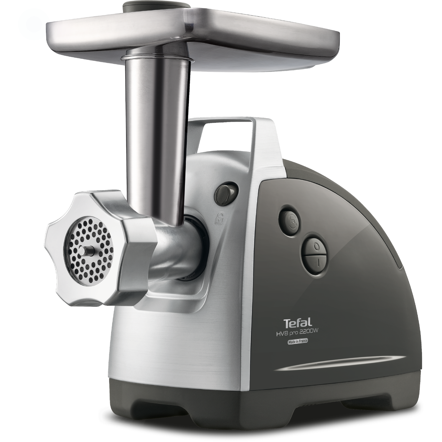 A silver and dark gray meat grinder with a large feeding tray and a handle, on a white background.