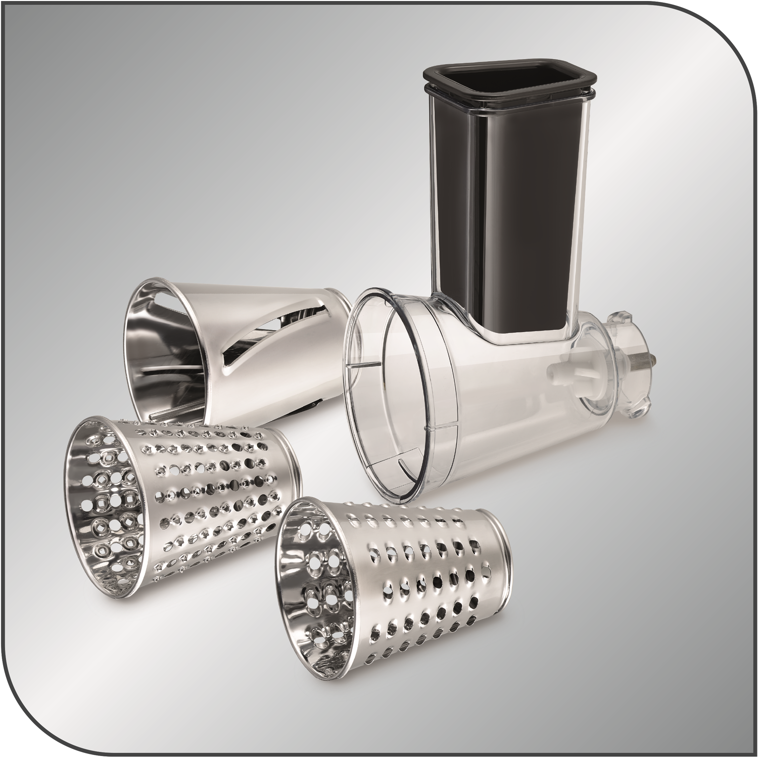 A food processor with several attachments. The main part is black and transparent. There are three stainless steel graters.