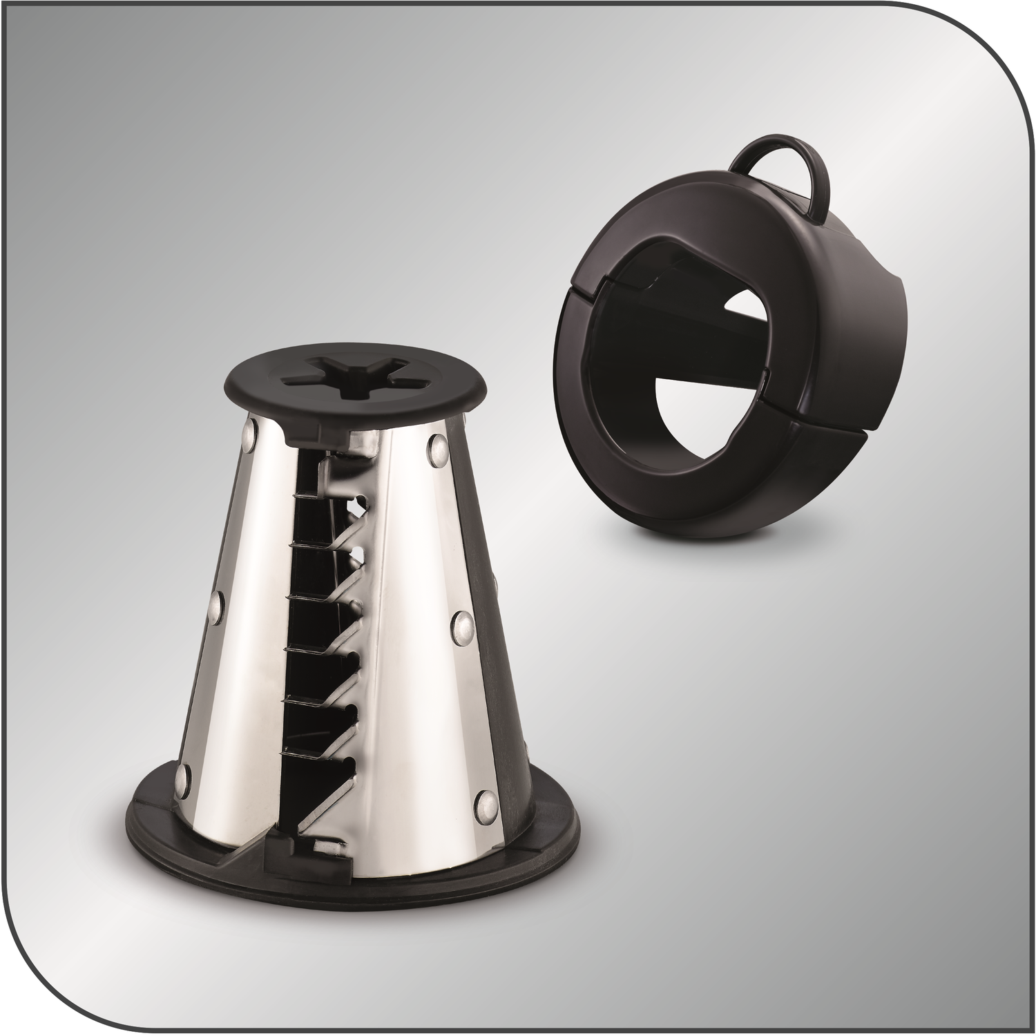 A stainless steel vegetable spiralizer. A black holder is next to it.