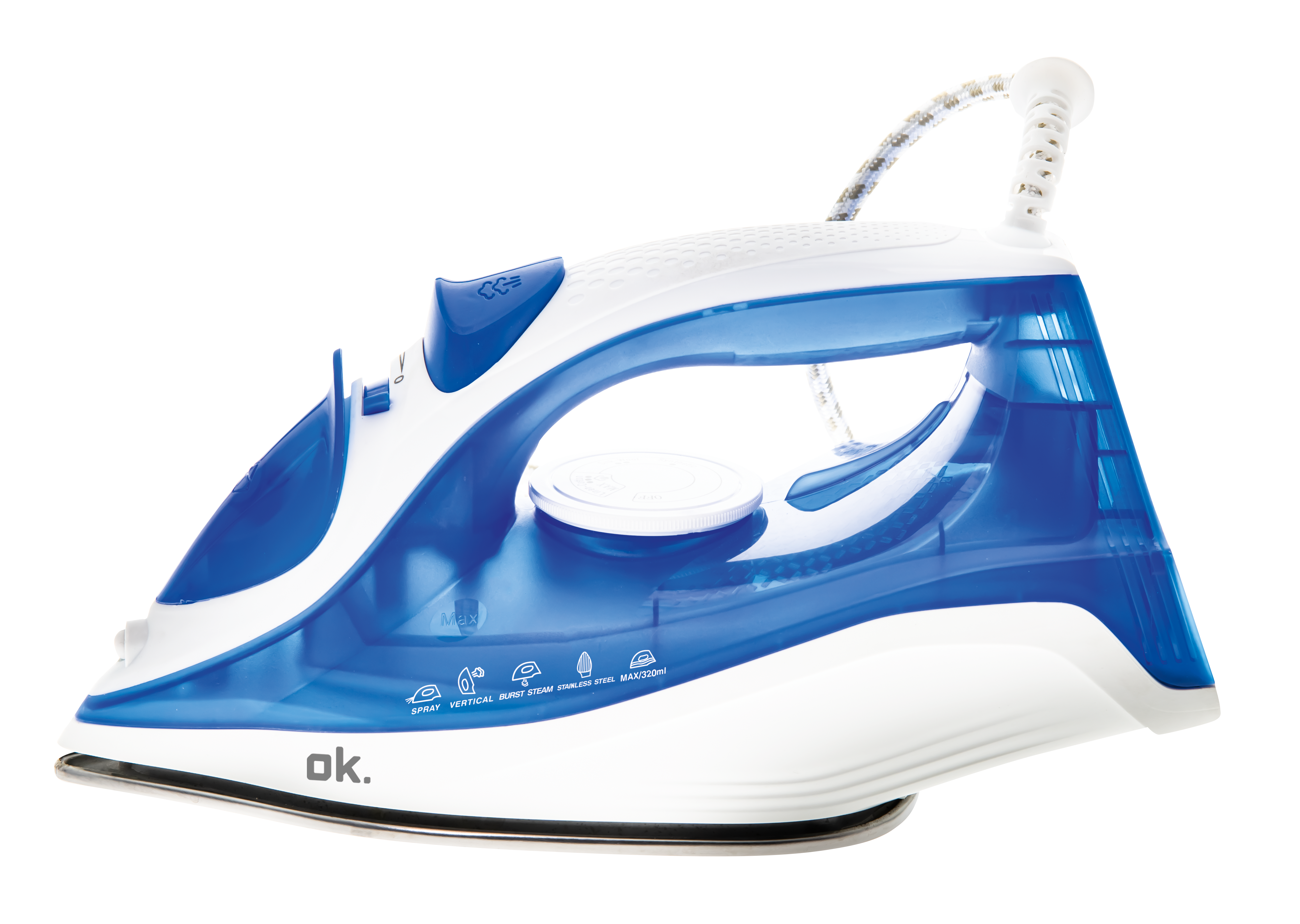 Biało-niebieskie żelazko z przezroczystym zbiornikiem na wodę na białym tle.