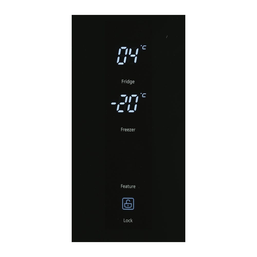 Primer plano de una pantalla de refrigerador que muestra temperaturas: 04C y -20C.