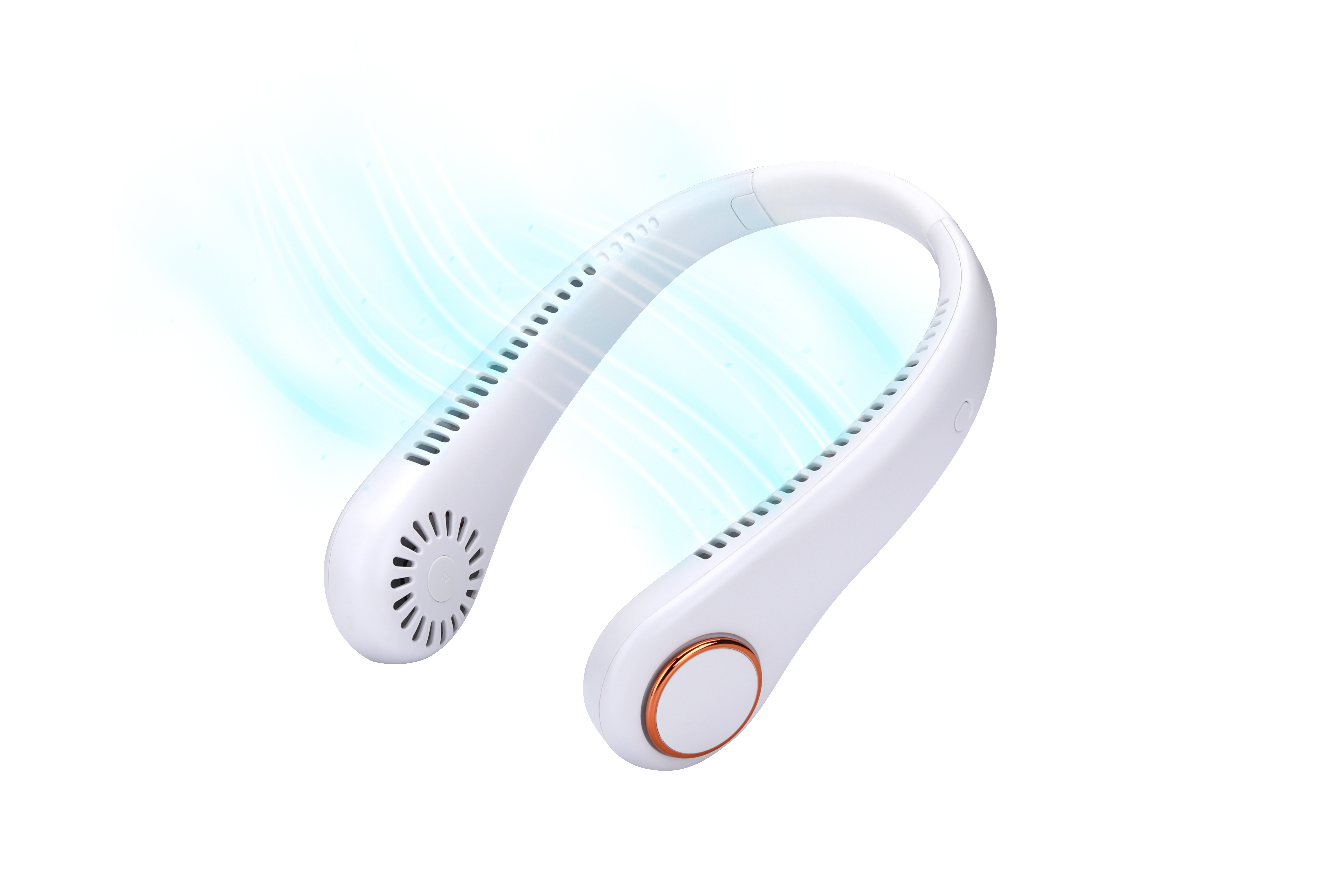 Ventilador de cuello blanco, diseño curvo, con efecto de corriente de aire azul.