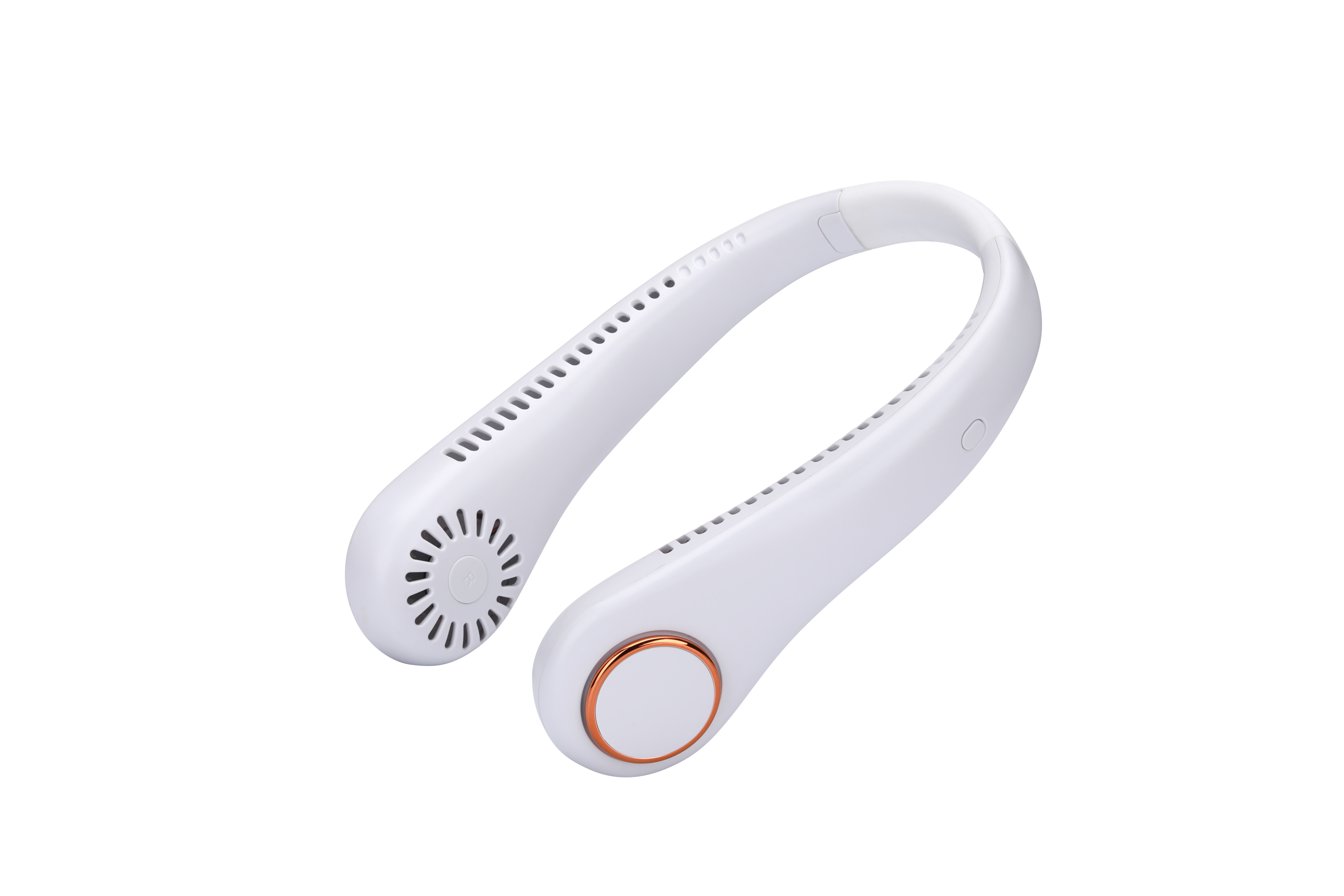 Un ventilador de cuello blanco con un botón de oro rosa y rejillas de ventilación. Está sobre un fondo blanco.