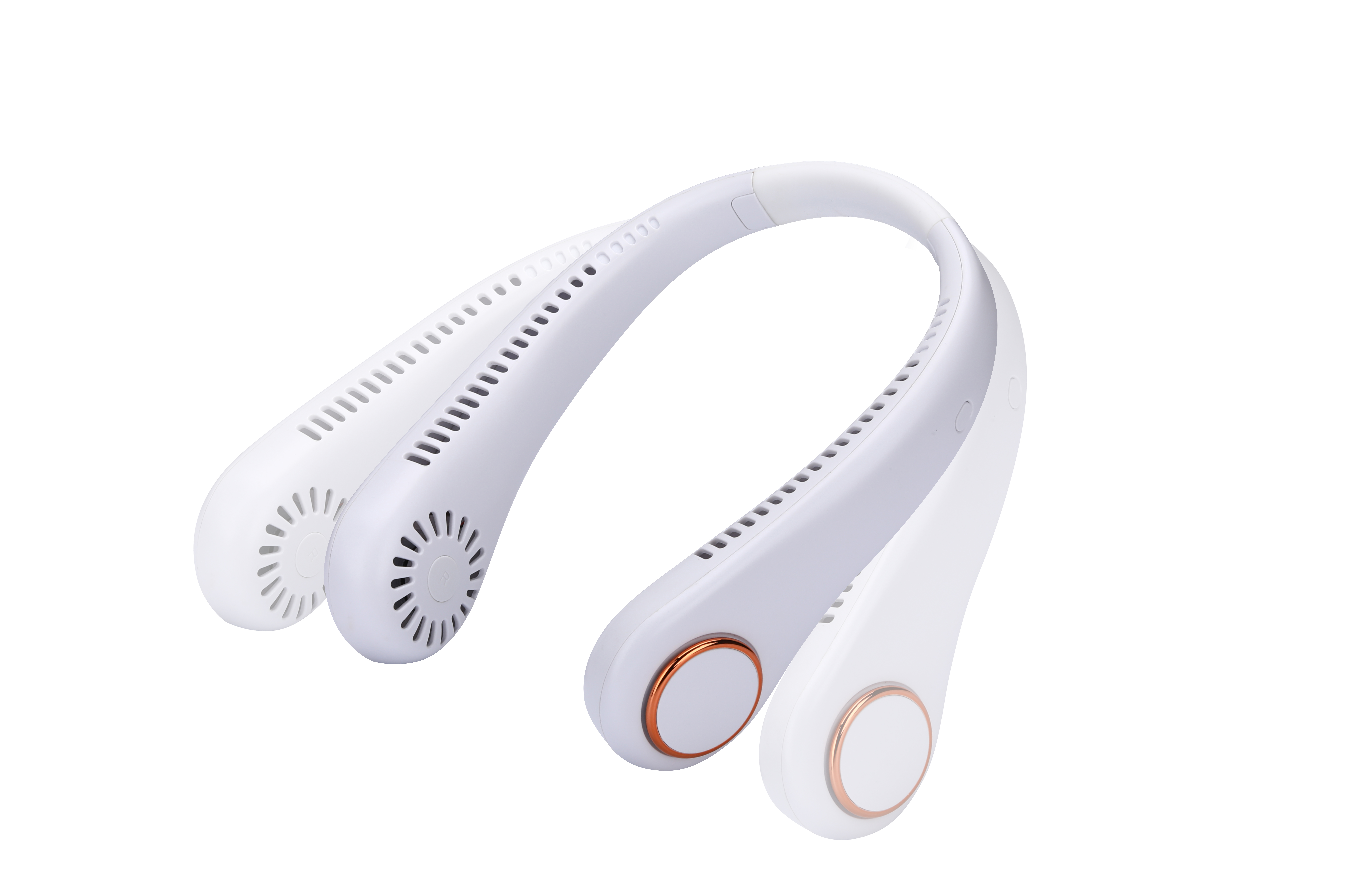 Ventilador de cuello blanco y gris. Cuenta con un diseño curvo, orificios de ventilación y detalles en oro rosa.