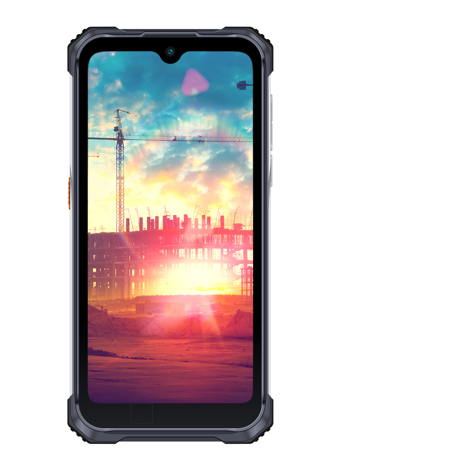 A rugged smartphone displays a construction site scene with a colorful sunset and a crane.