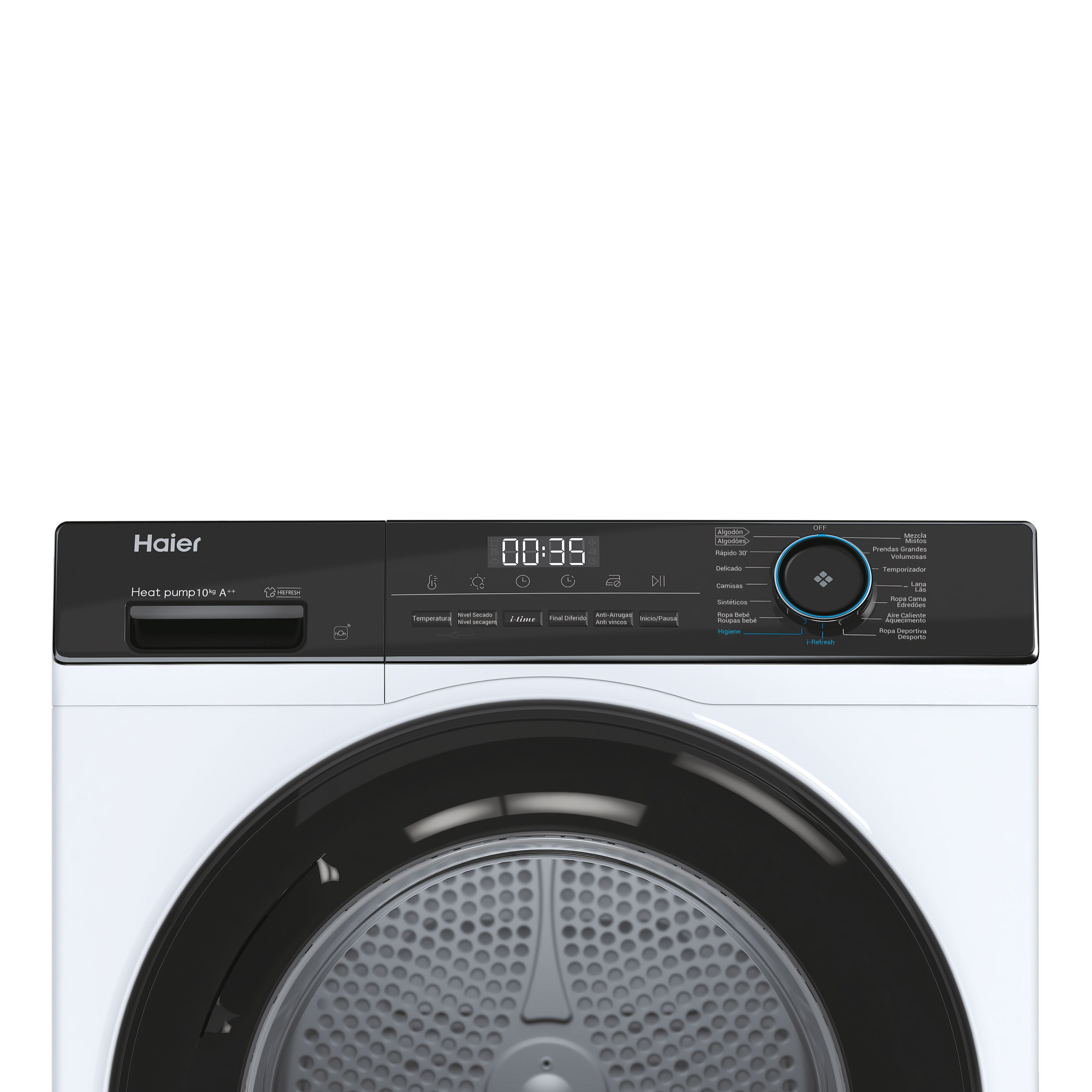 Primer plano del panel de control de una lavadora blanca con detalles negros y una pantalla.