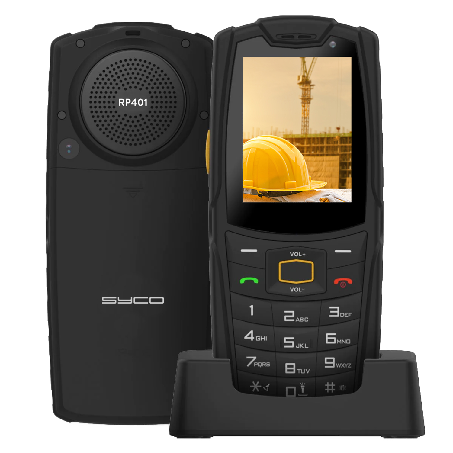 A black SYCO rugged phone, showing the screen with a construction site image, and a charging dock.