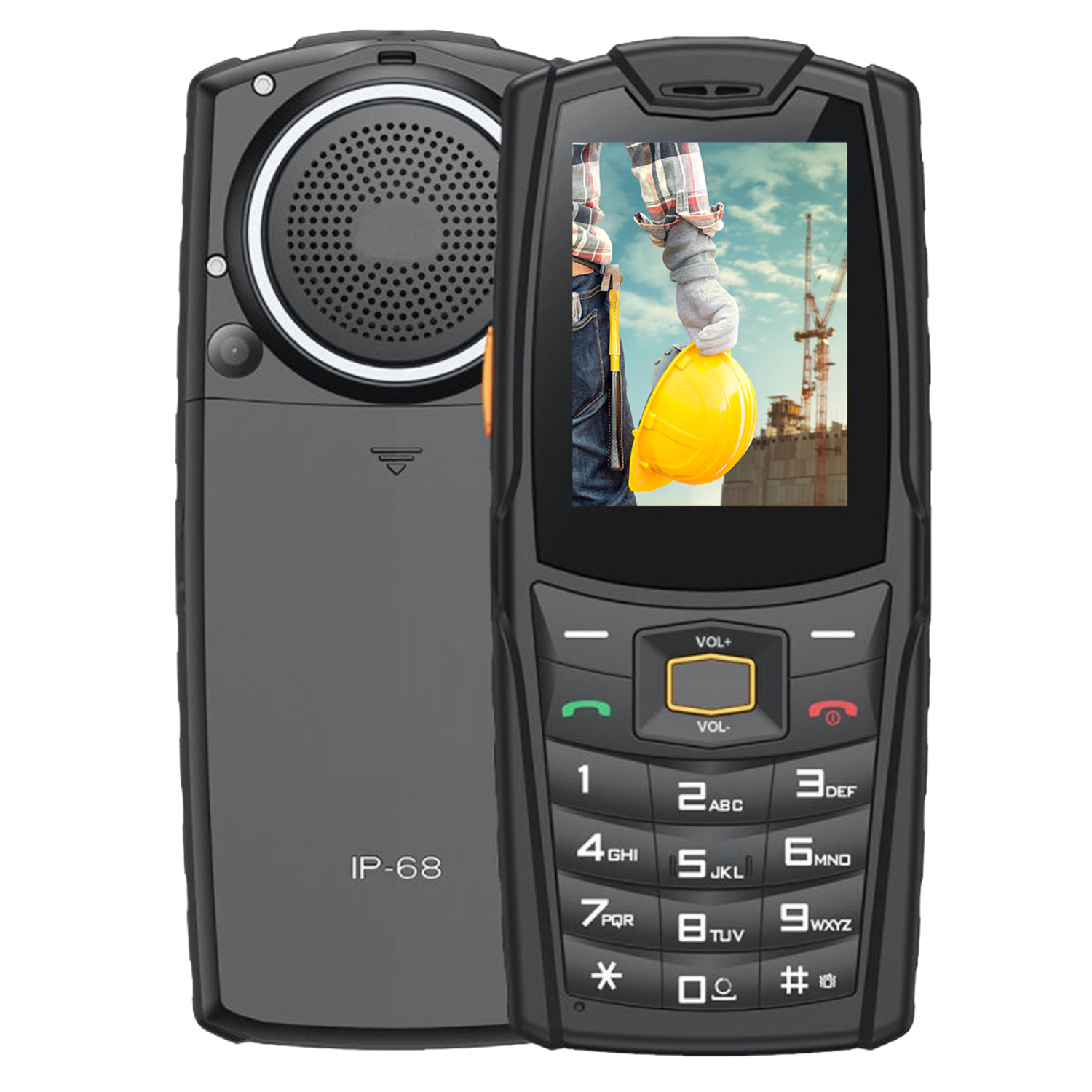A black and grey rugged phone, one side showing speaker.