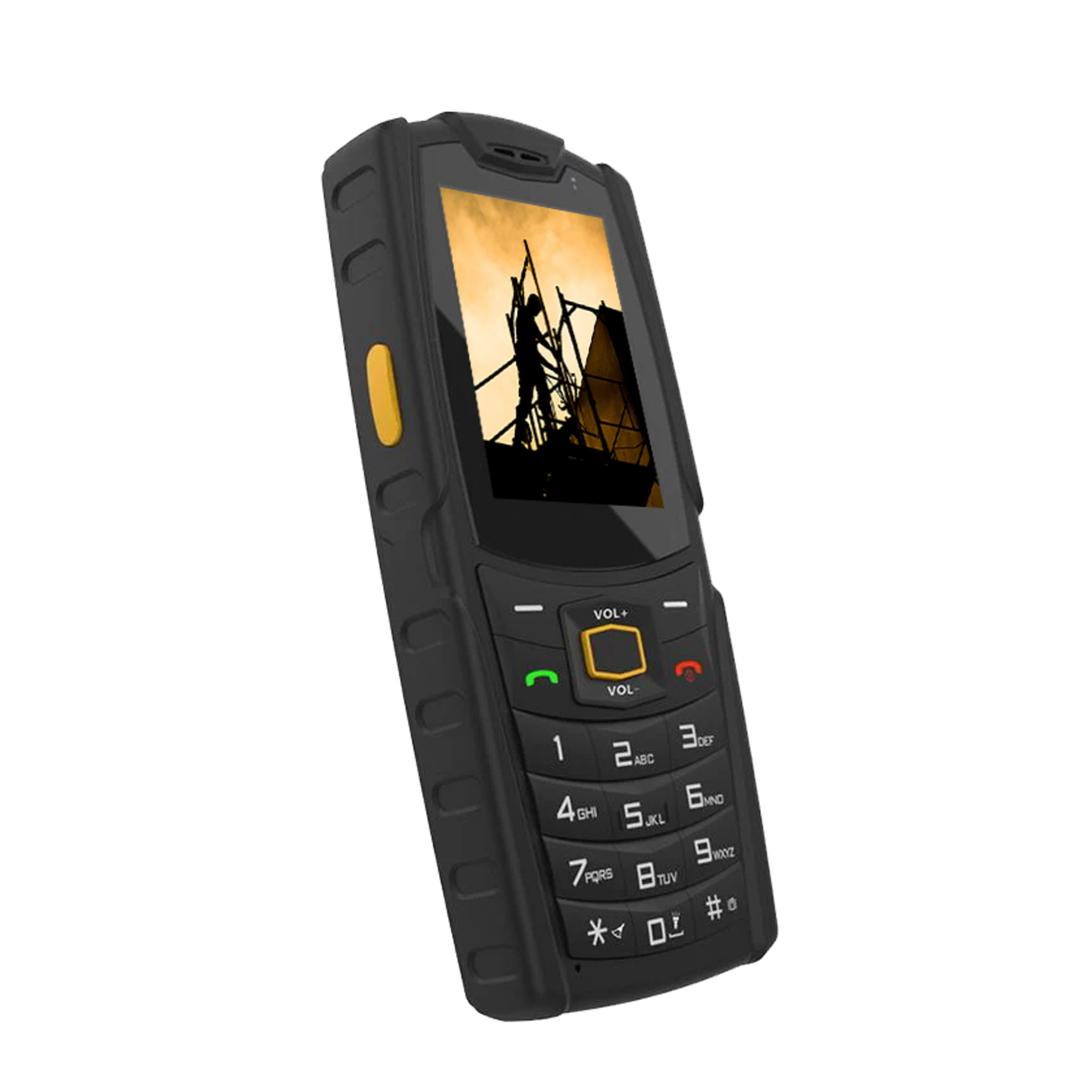 Black, rugged phone with a screen showing a construction worker.