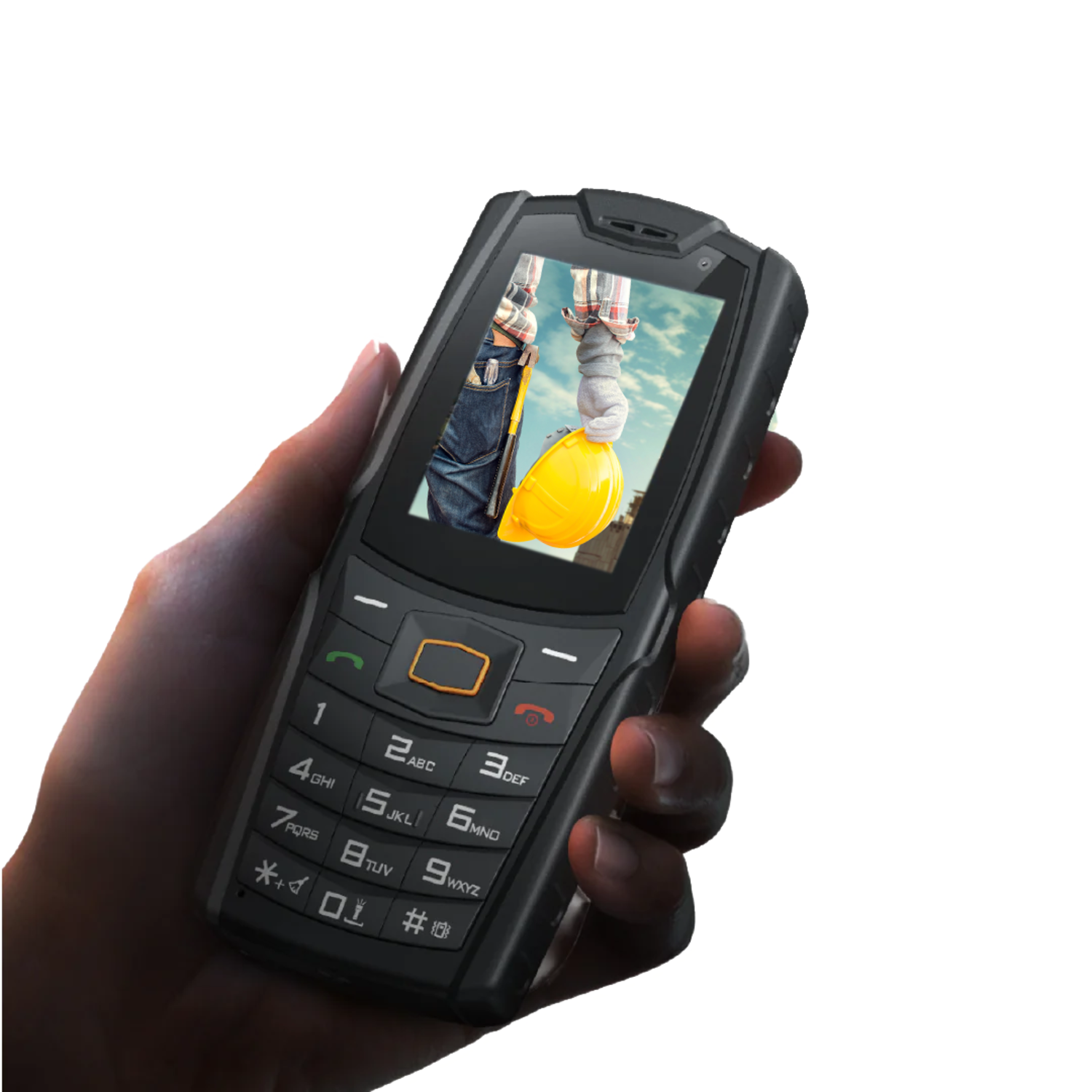 A hand holding a black rugged phone, showing a worker with a yellow helmet.