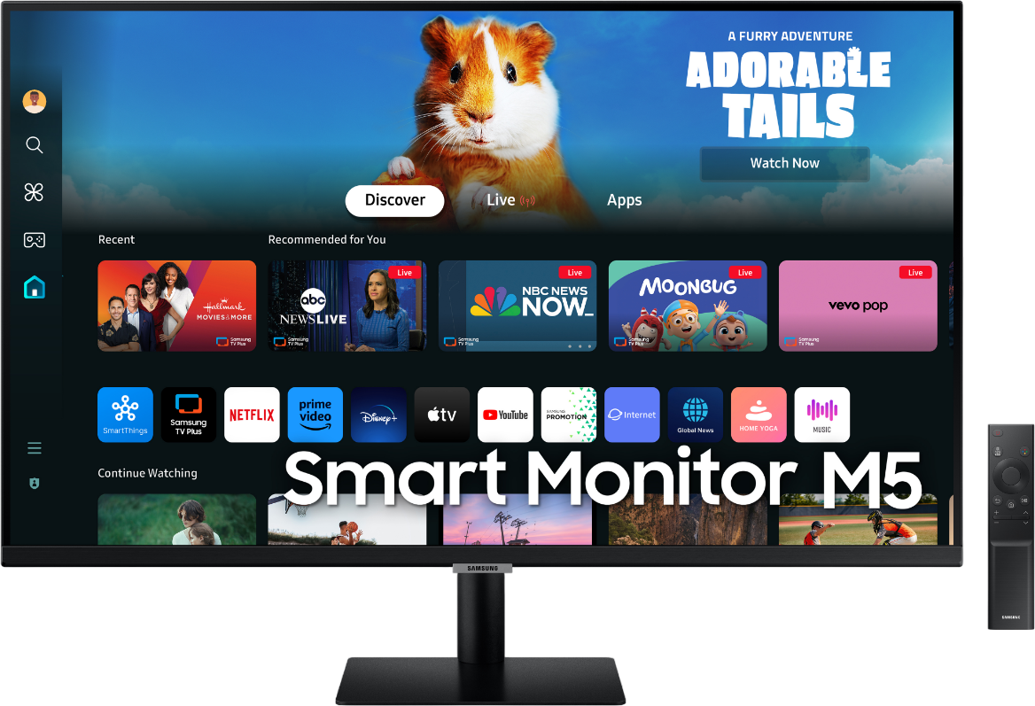 Ein Samsung Smart Monitor M5 zeigt einen Bildschirm mit App-Symbolen, einem Meerschweinchen und einer Fernbedienung.