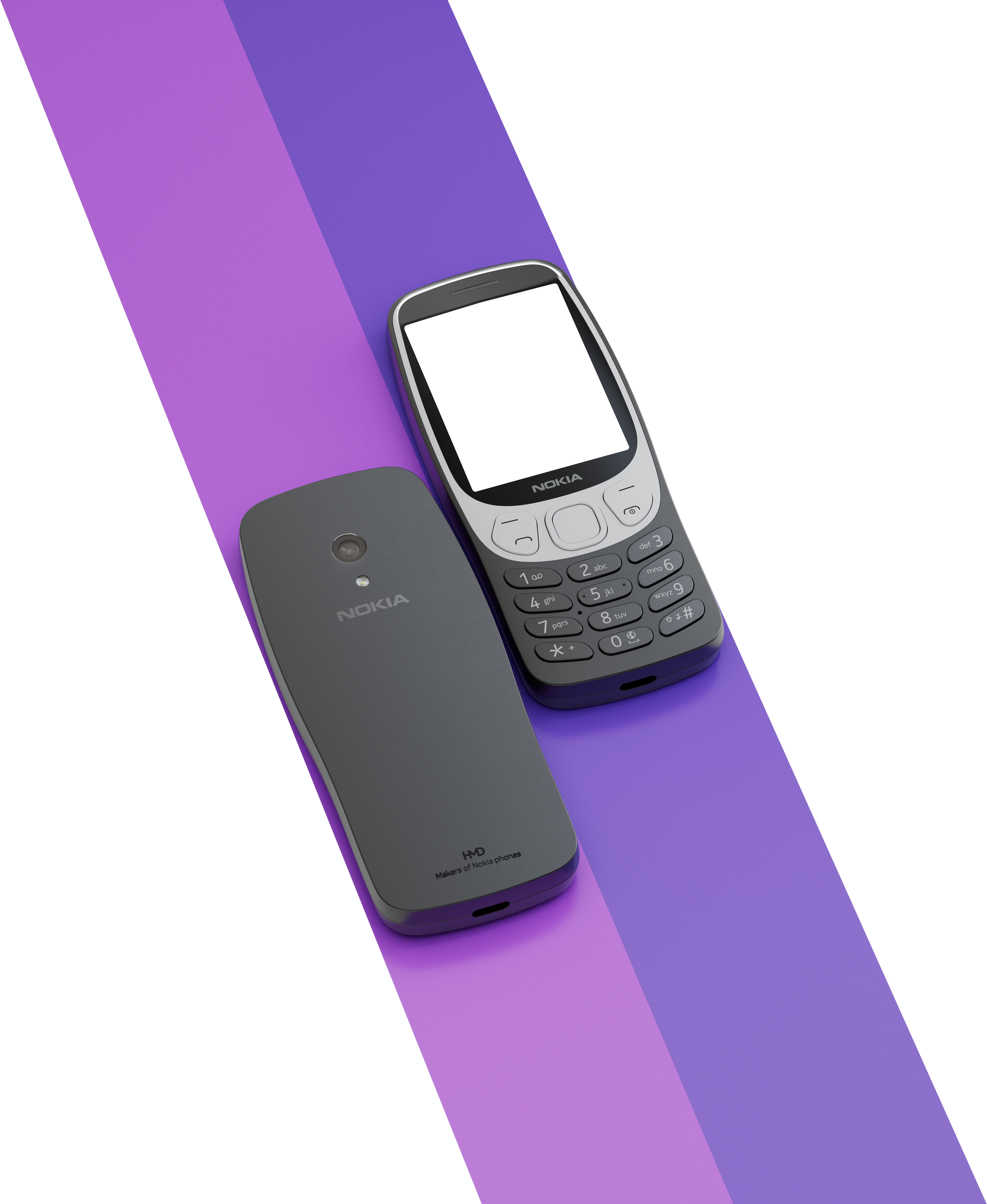 Deux téléphones Nokia : un noir, un blanc. Ils sont posés sur un fond diagonal violet et blanc.