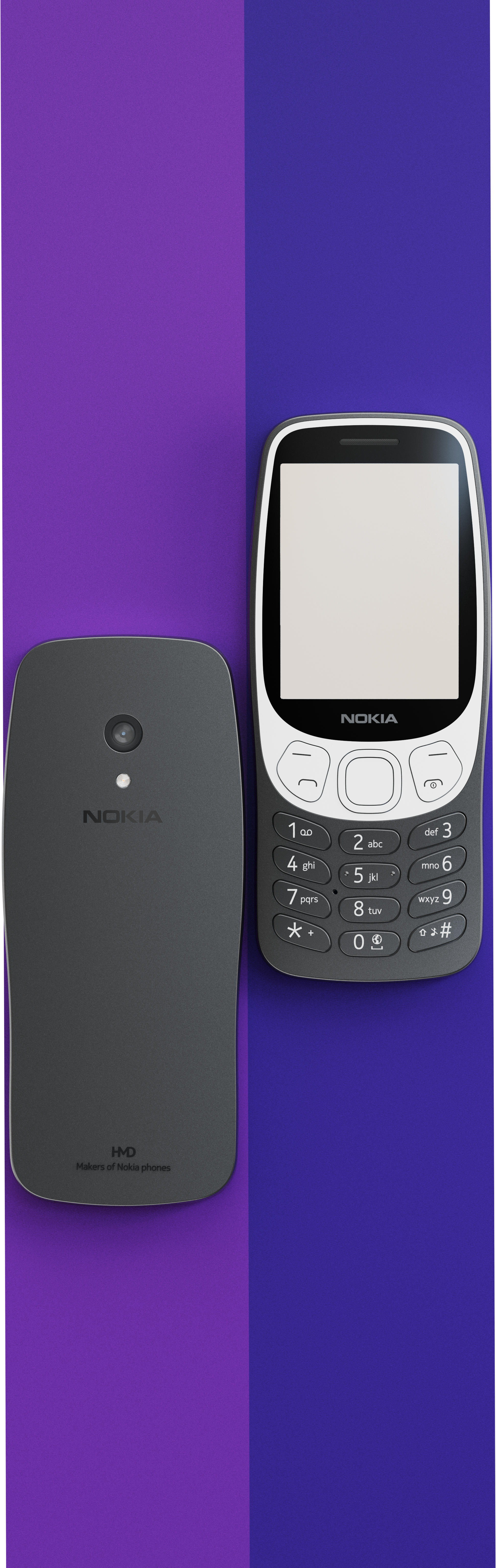 Téléphone Nokia, vue avant et arrière, sur fond violet et bleu.