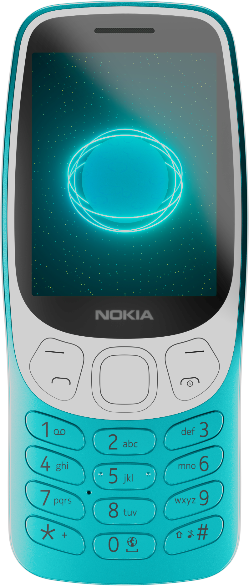 Telefono Nokia turchese con interfaccia blu, mostra un design circolare luminoso.