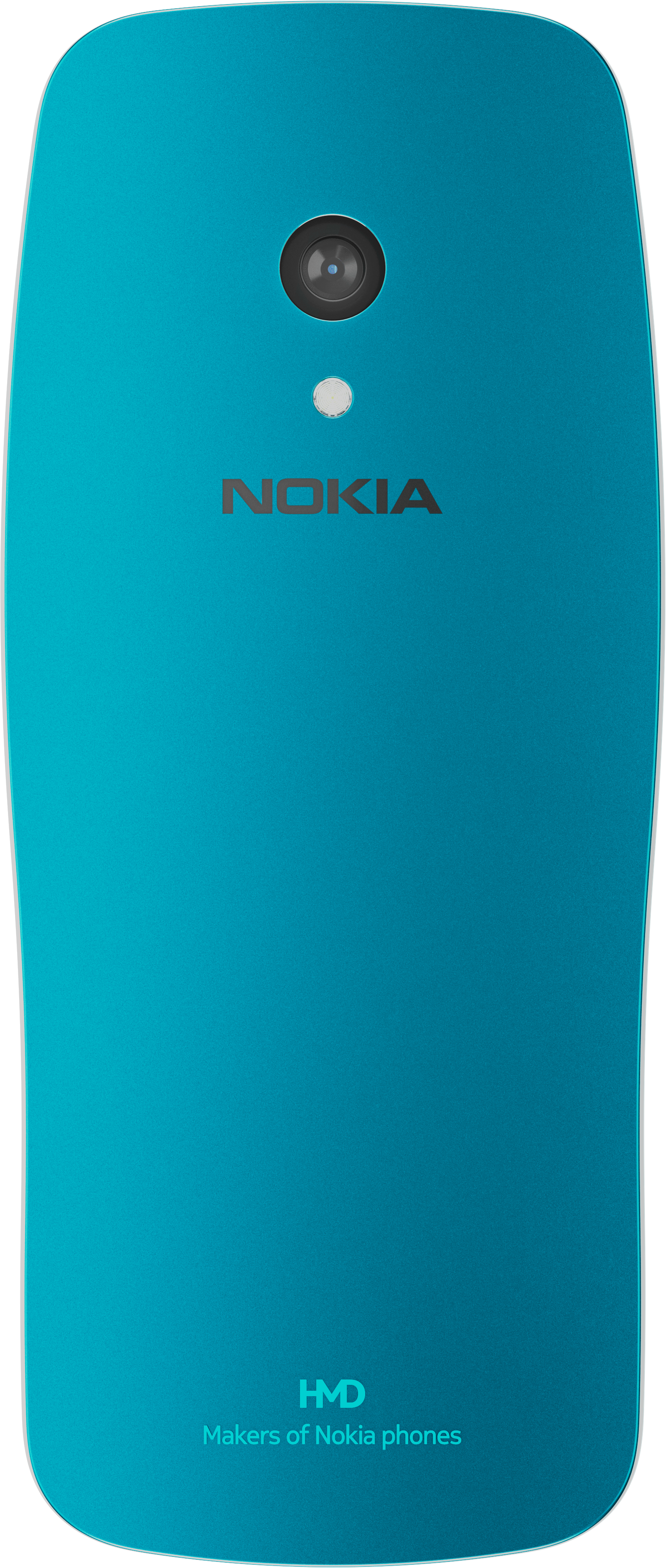 Telefono turchese con fotocamera e logo Nokia. Sotto HMD e 'Makers of Nokia phones'.
