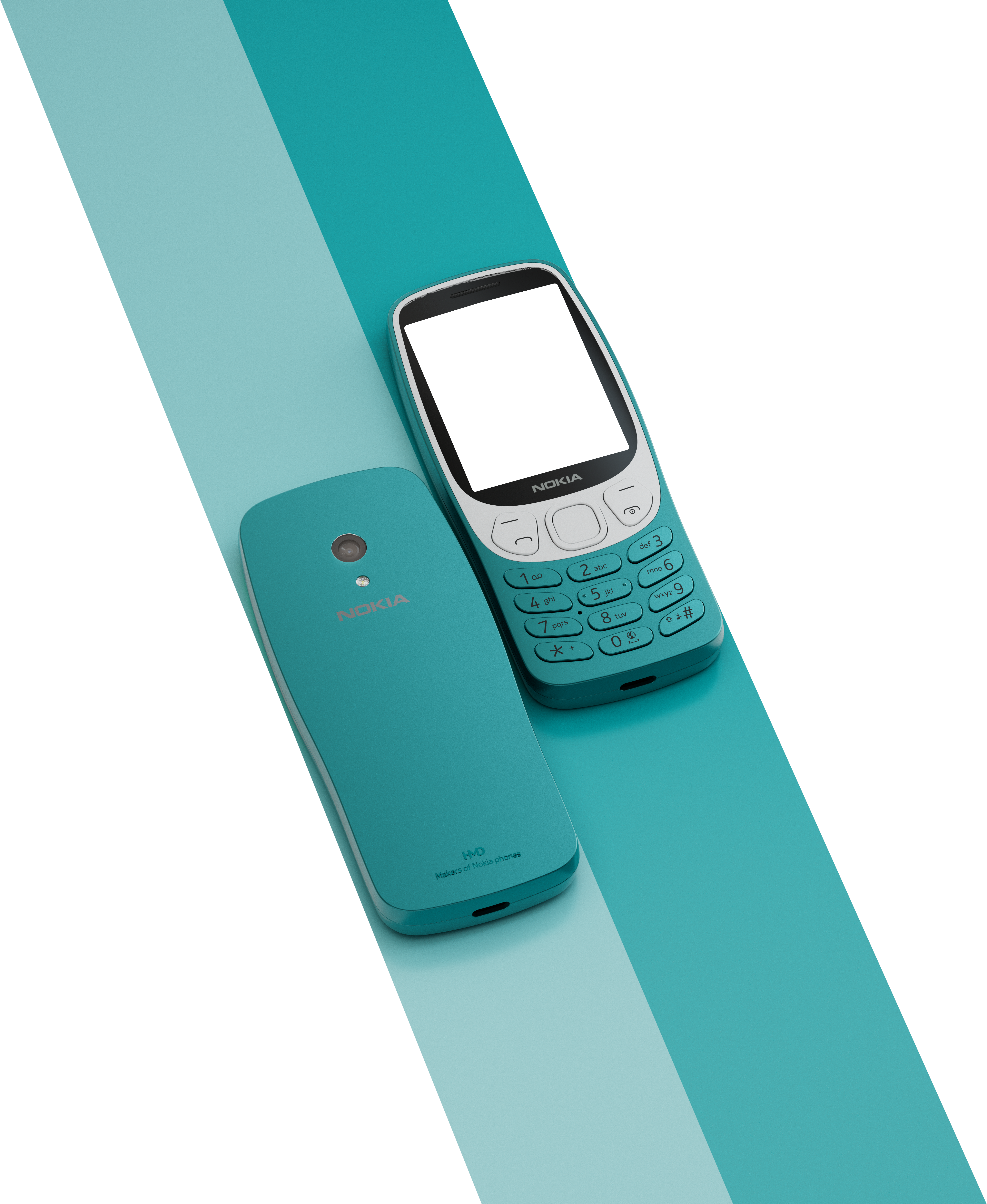 Due telefoni Nokia turchese. Uno a faccia in su, uno a faccia in giù. Sfondo bianco, strisce turchesi.