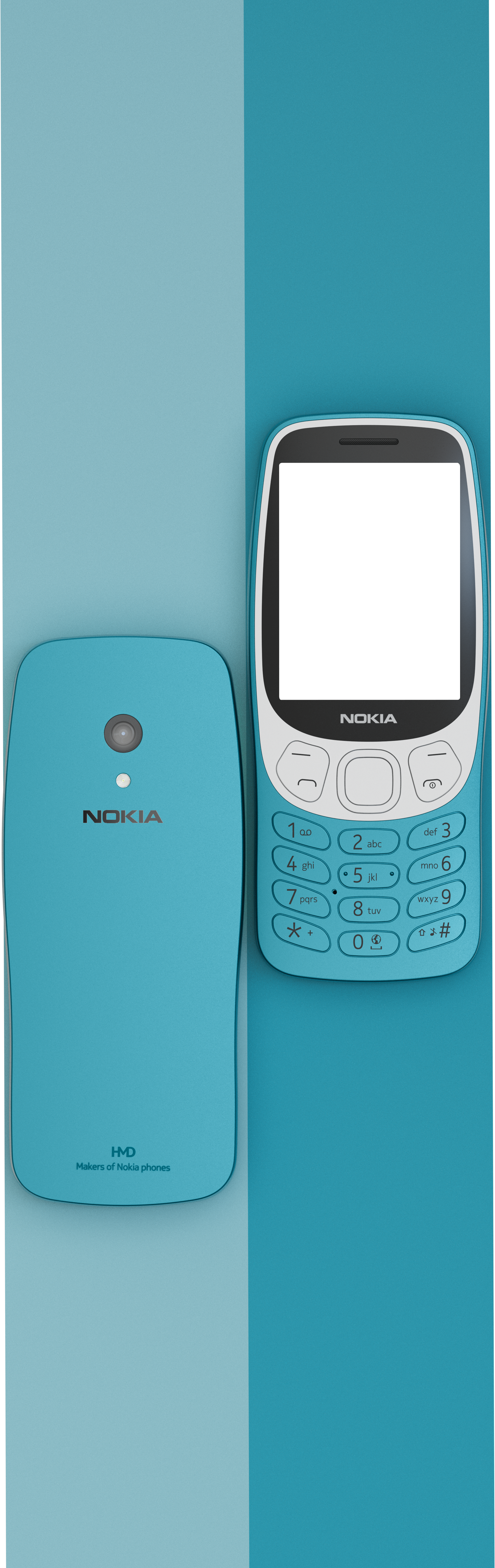 Telefono Nokia blu, vista anteriore e posteriore. Ha una tastiera e una fotocamera sul retro.