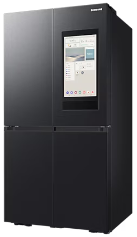 Czarna lodówka Samsung z ekranem dotykowym na prawych drzwiach, łącznie cztery drzwi.
