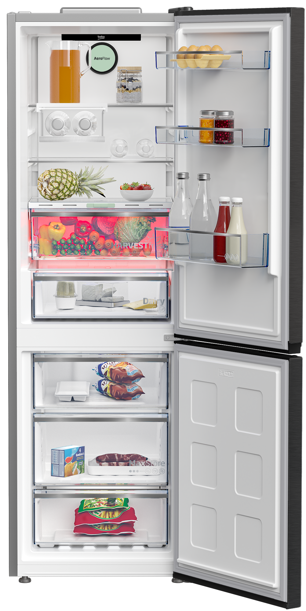 Lodówka z otwartymi drzwiami, pokazująca półki z jedzeniem.