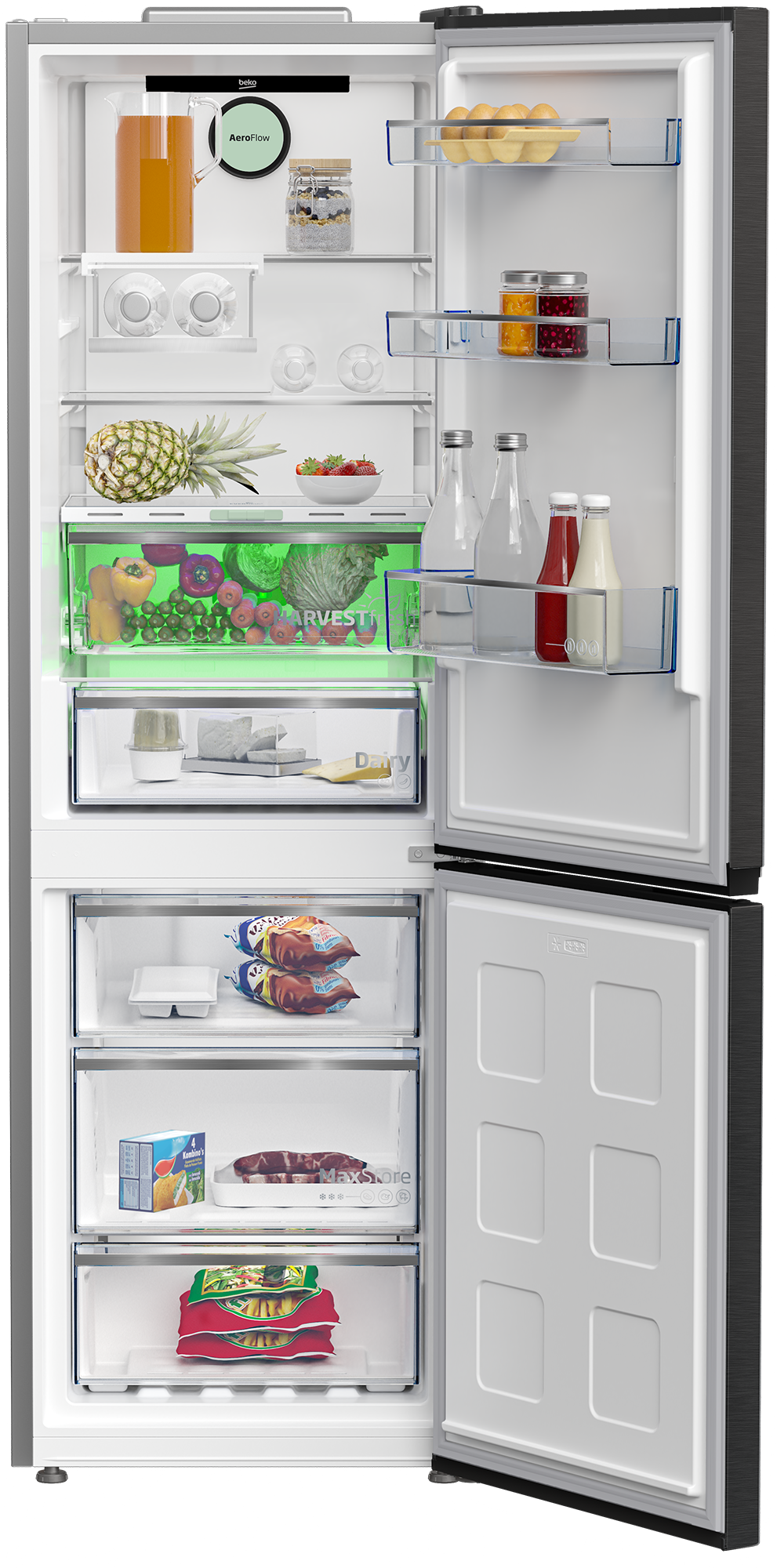 Otwarta lodówka z różnymi produktami spożywczymi. Zamrażalnik na dole.