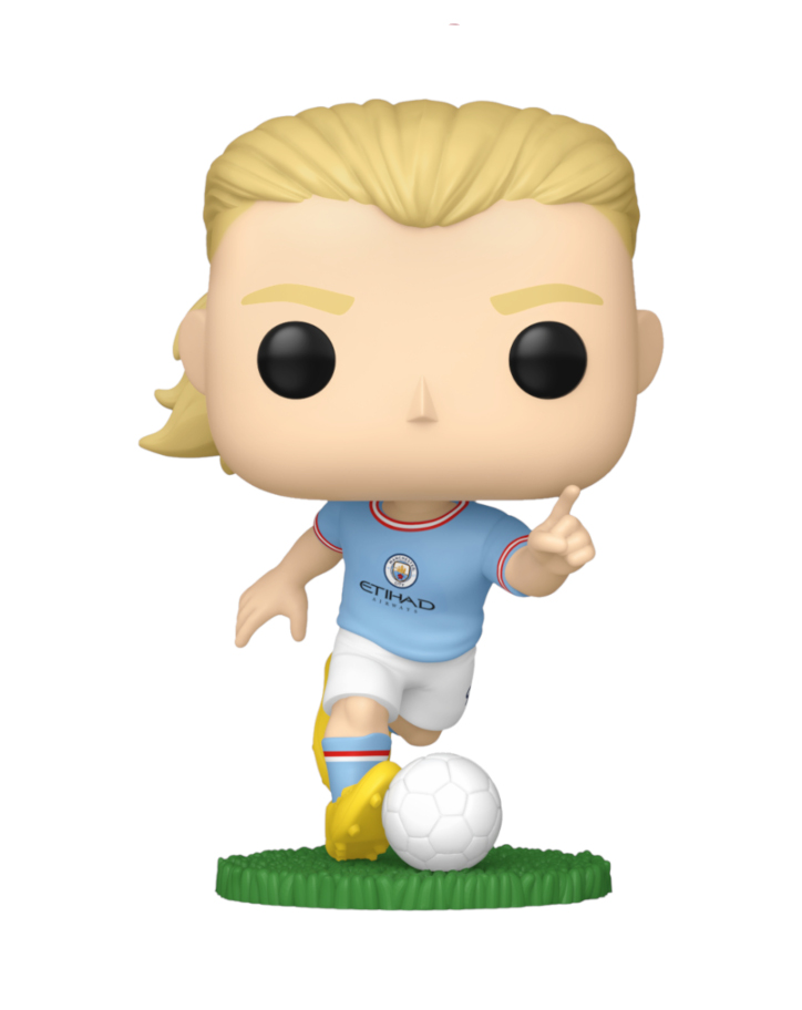 Figurka Funko Pop piłkarza, niebieska koszulka i białe spodenki, wskazujący.