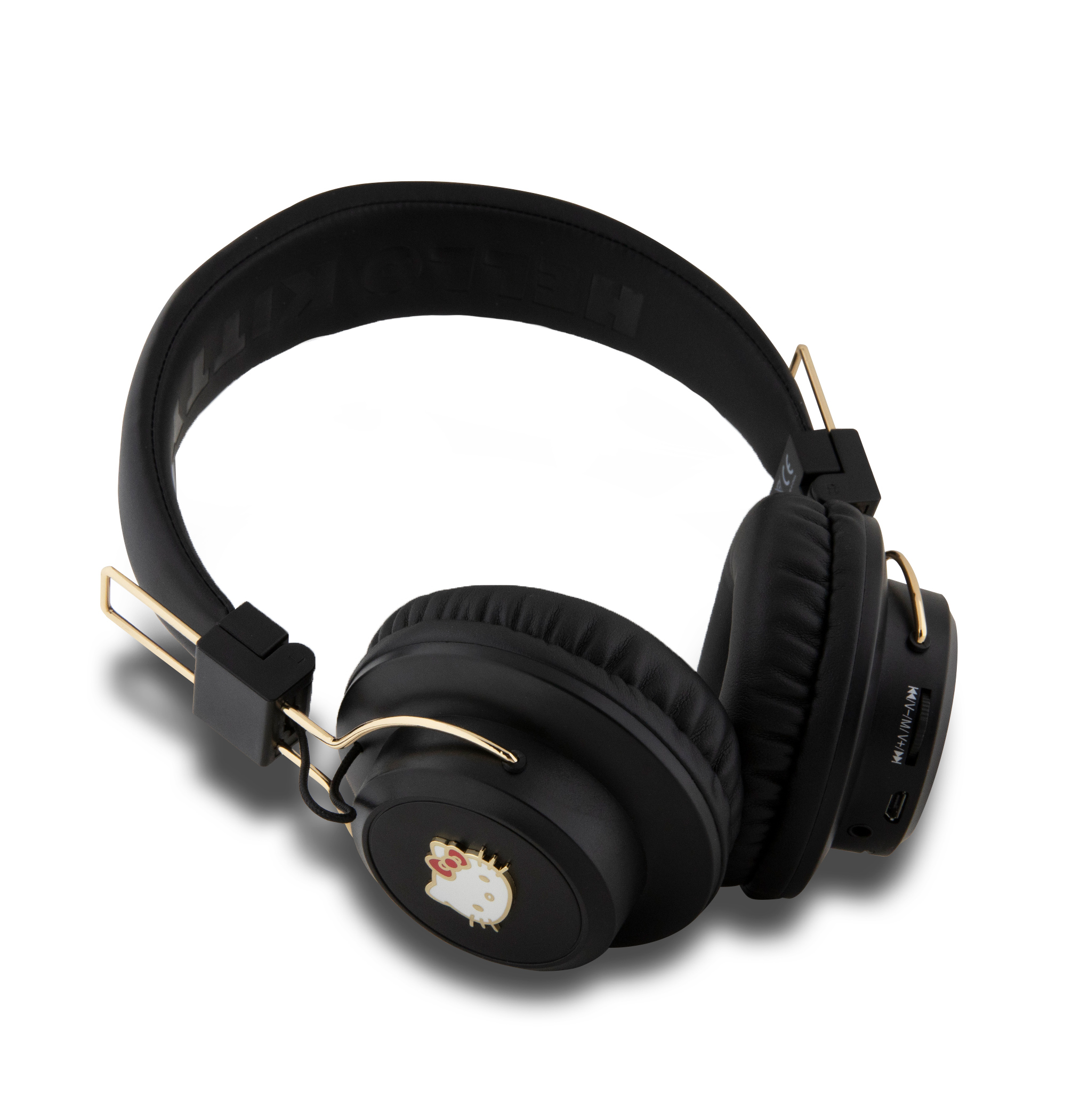 Czarne słuchawki Hello Kitty ze złotymi akcentami na białym tle.