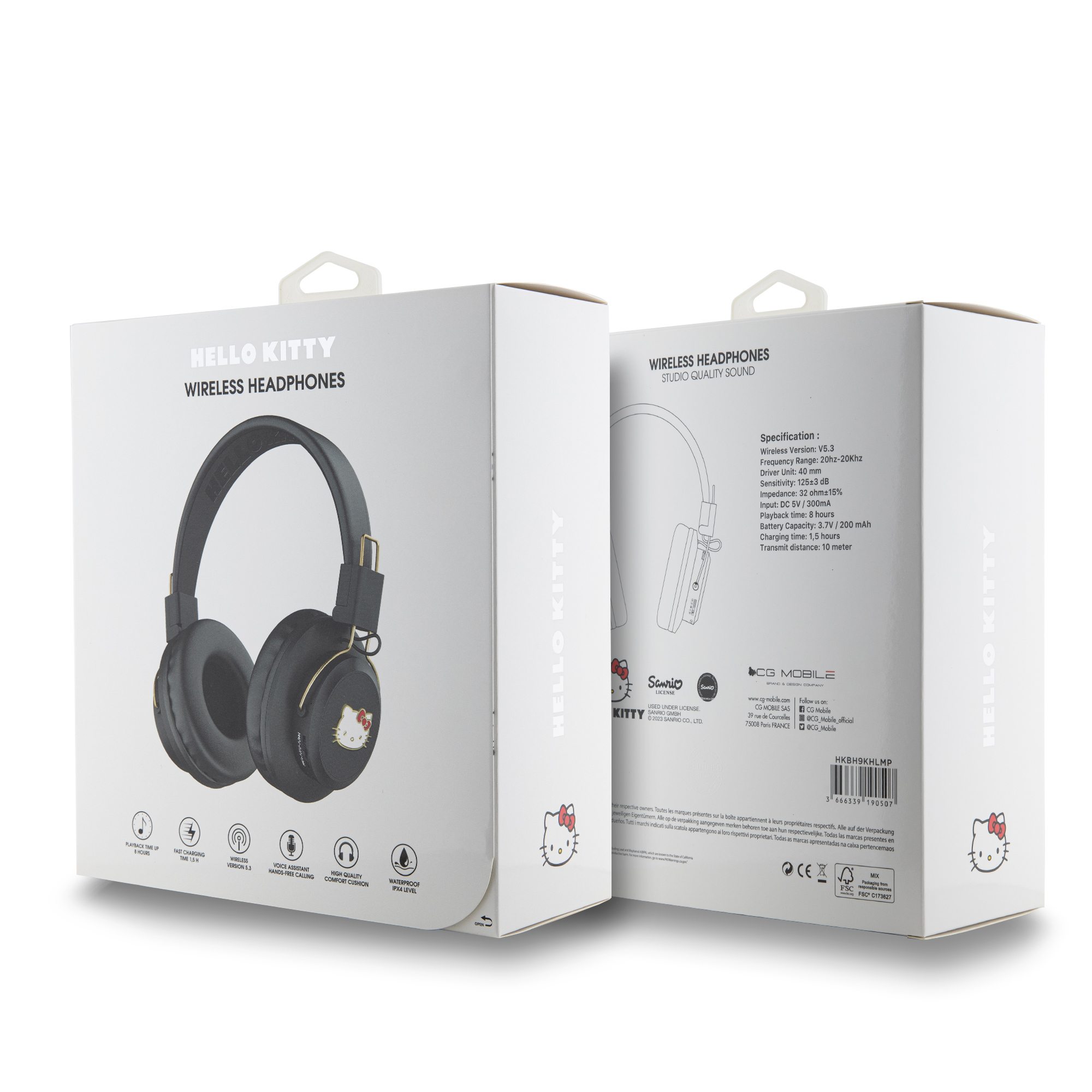 Opakowanie słuchawek bezprzewodowych Hello Kitty, pokazujące słuchawki i specyfikacje.