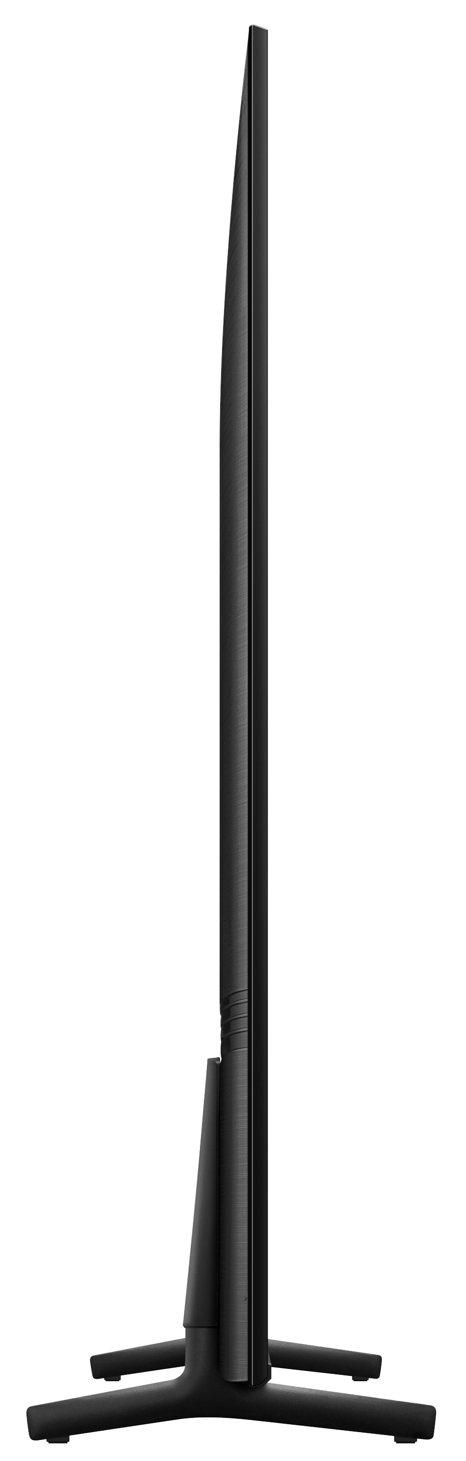 Czarny, smukły profil boczny telewizora. Ma prostokątny kształt i stojak.