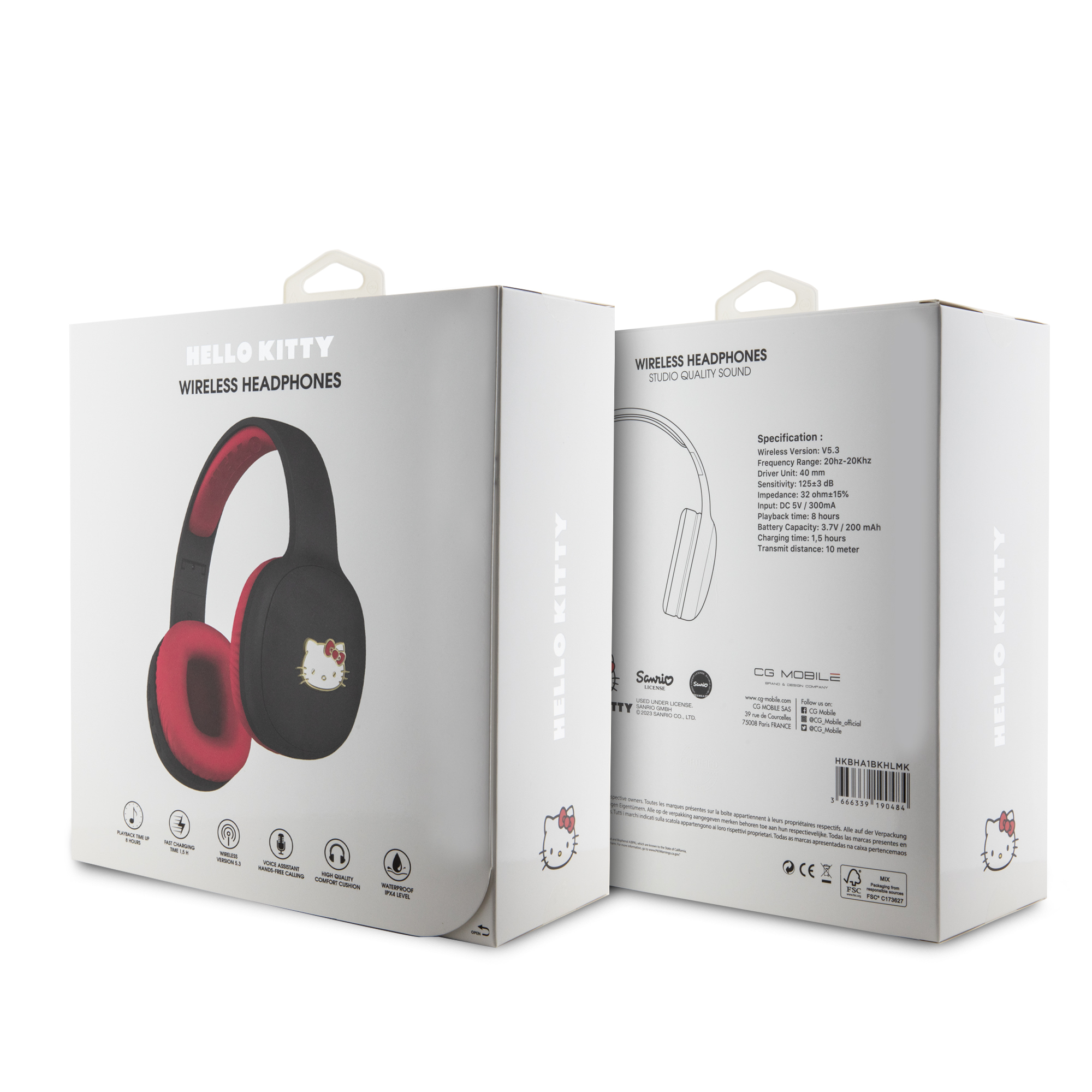 Pudełko ze słuchawkami Hello Kitty, czarno-czerwony design, z tekstem i diagramami.