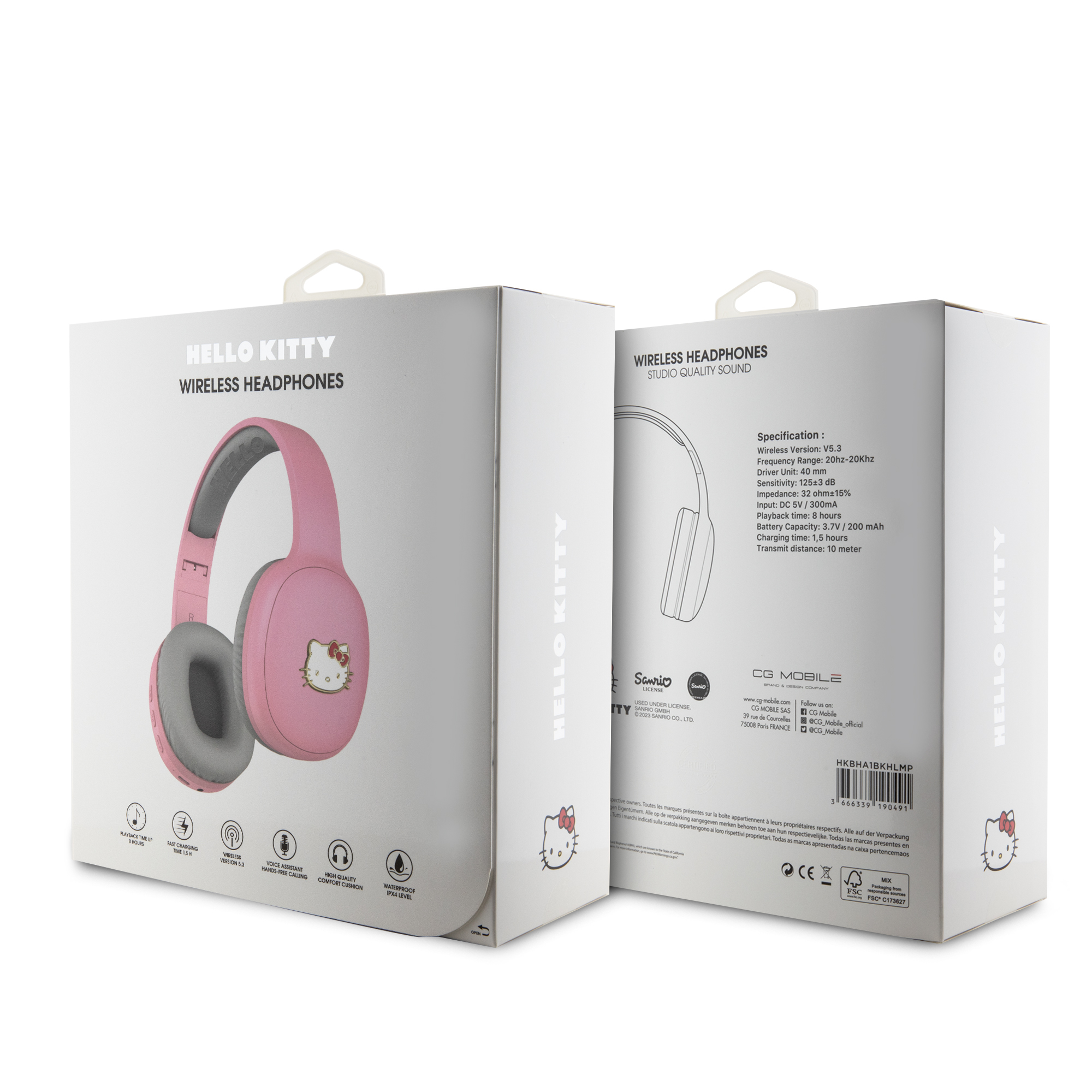 Opakowanie różowych słuchawek bezprzewodowych Hello Kitty, ze słuchawkami i specyfikacjami.